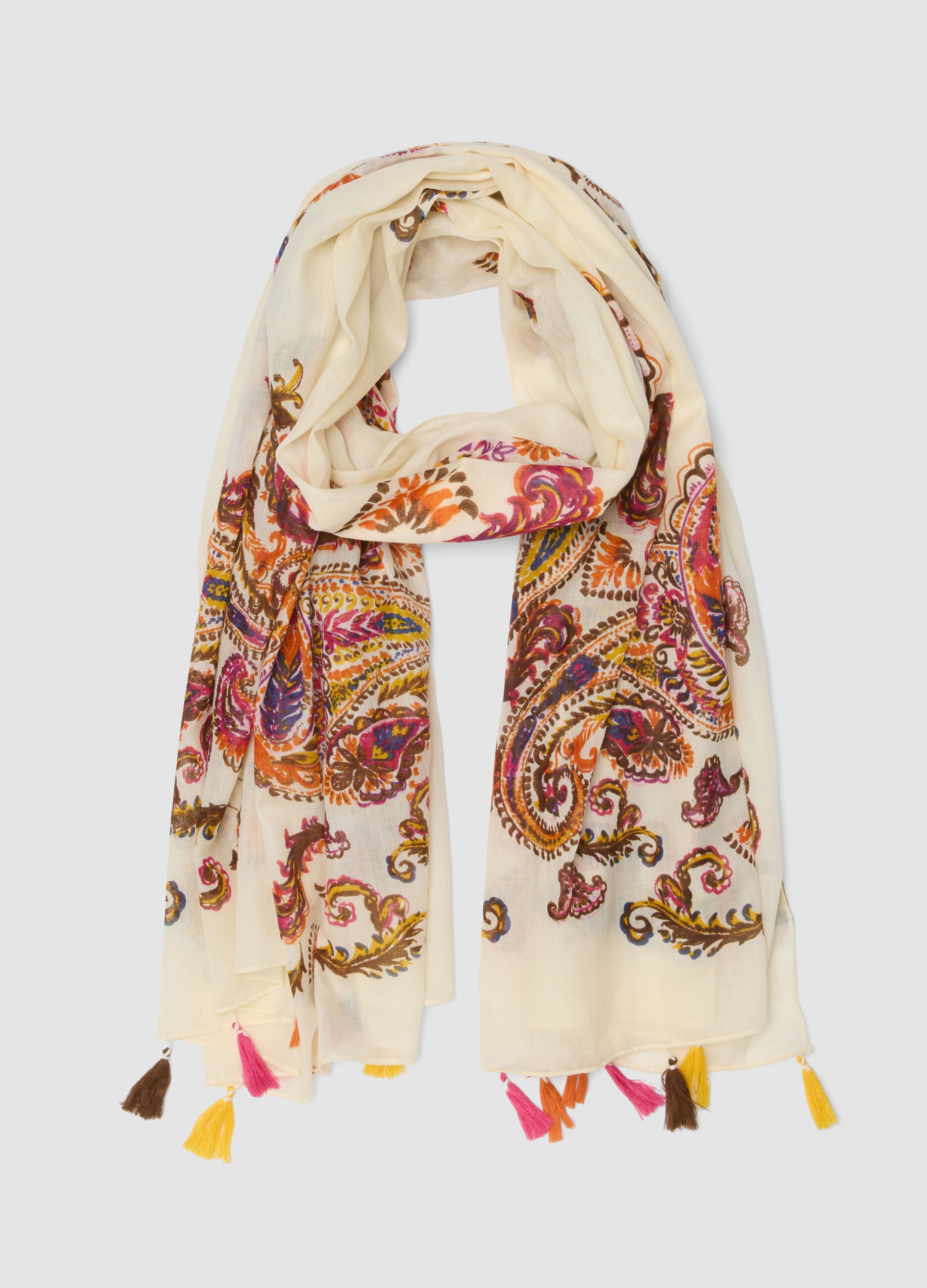 White pure cotton scarf with paisley pattern and tassels