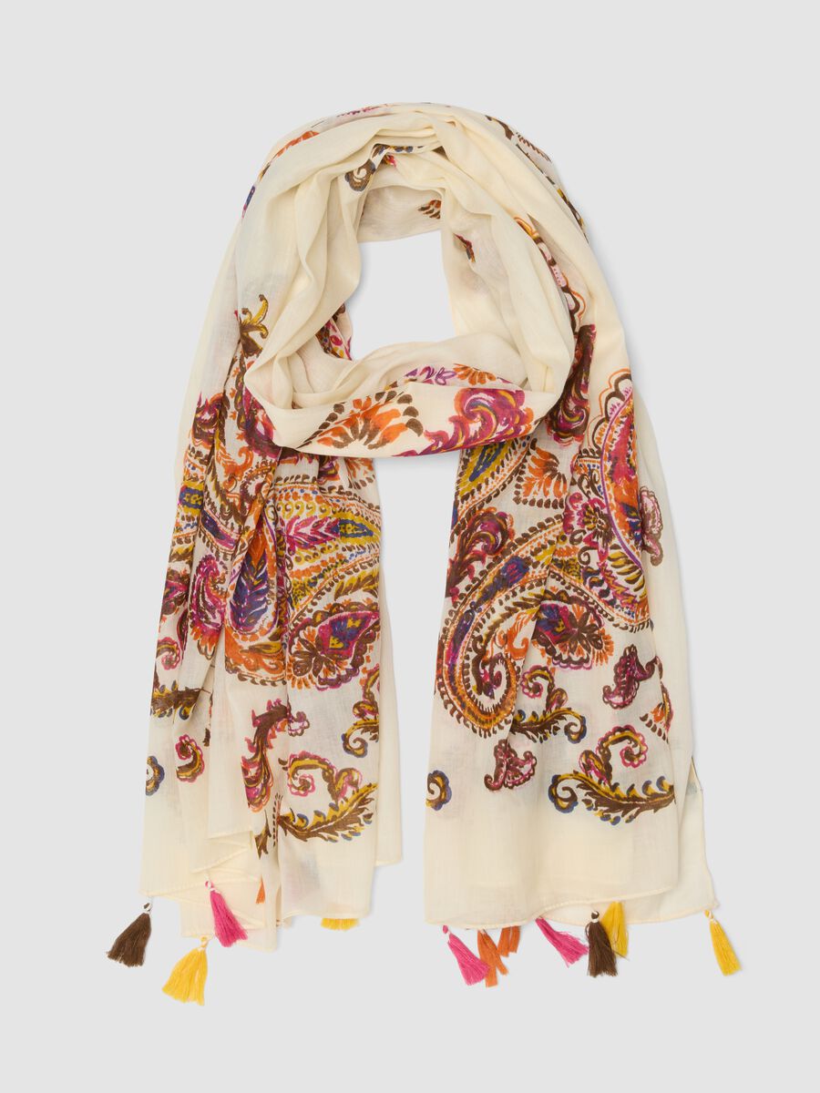 White pure cotton scarf with paisley pattern and tassels_0