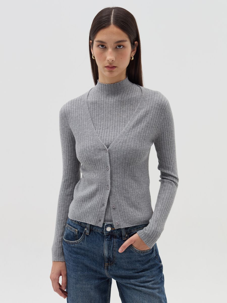Flat-rib cardigan with V neck_0