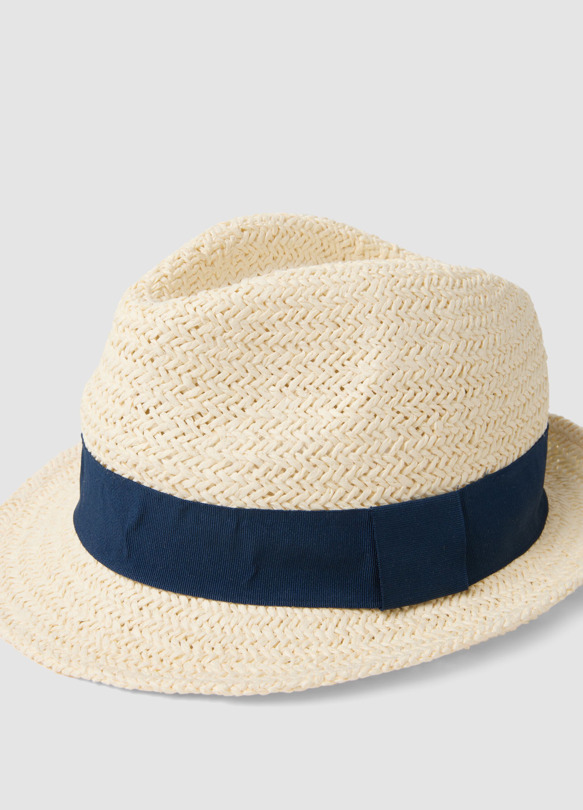Beige paper-blend hat with blue band