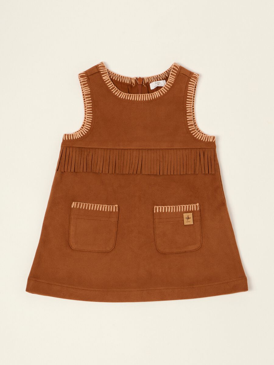Abito marrone in tessuto elasticizzato con dettagli a frange da neonata_0