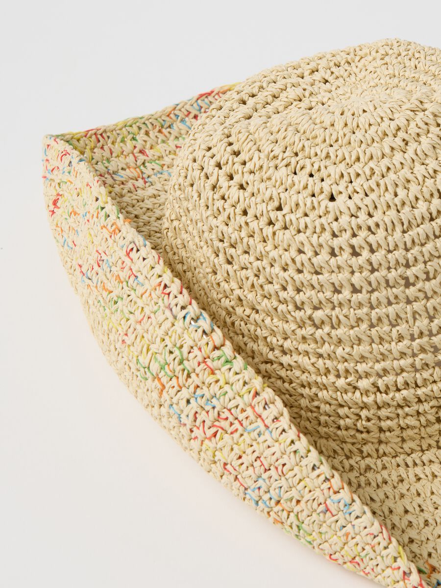Beige raffia hat with multicoloured inserts_1