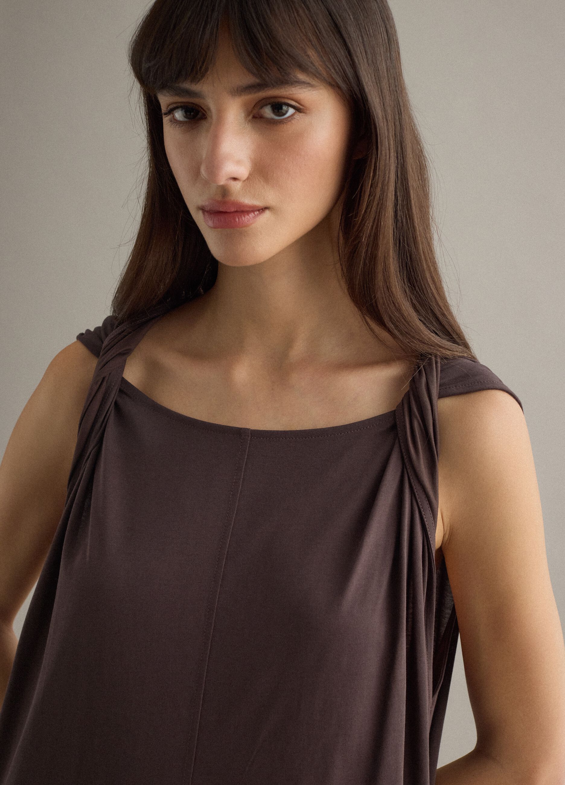Long brown cotton-blend dress, regular fit