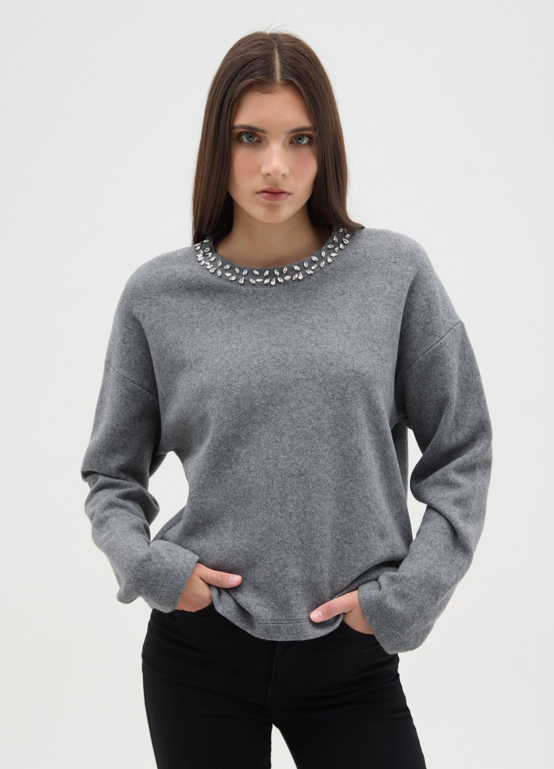 Grey cotton-blend jumper with decorated neckline in regular fit