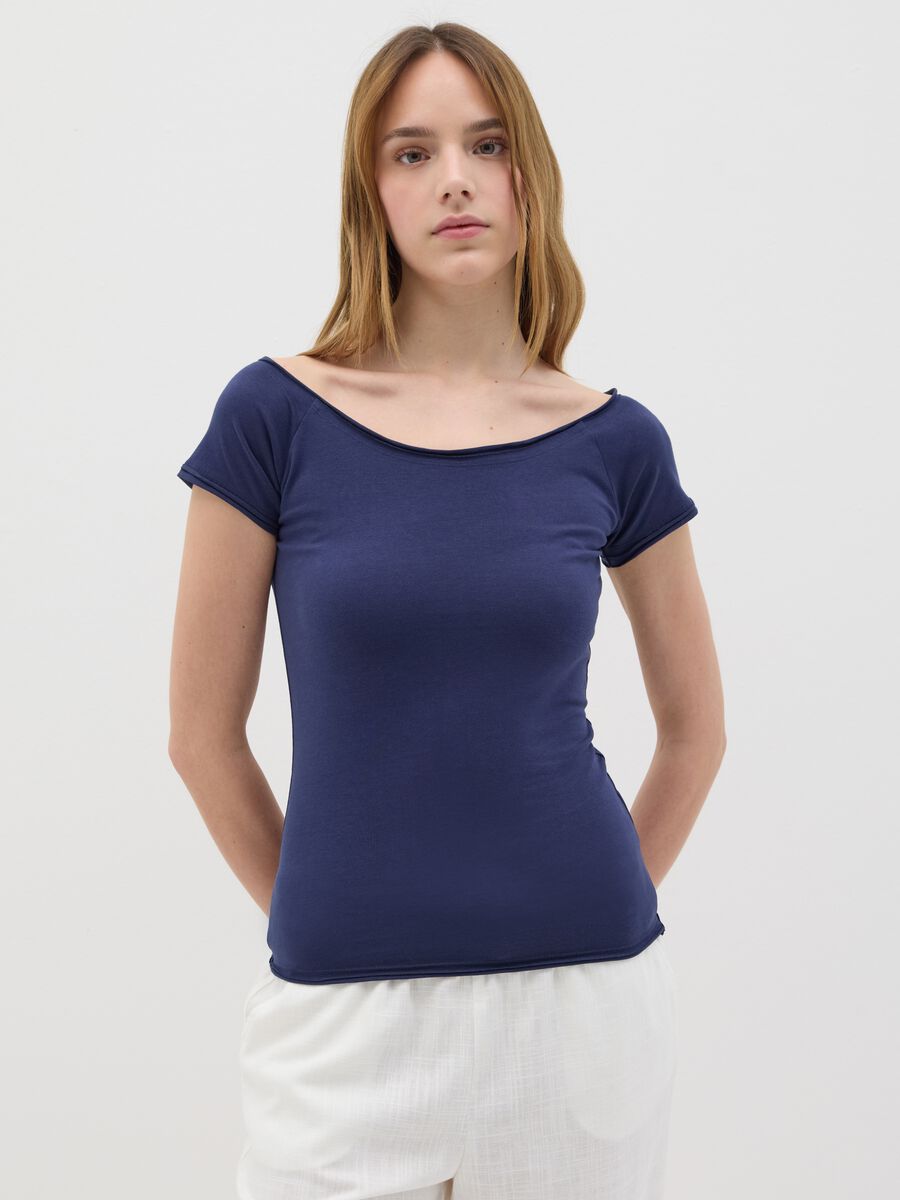 Fitted blue short-sleeve cotton T-shirt_0