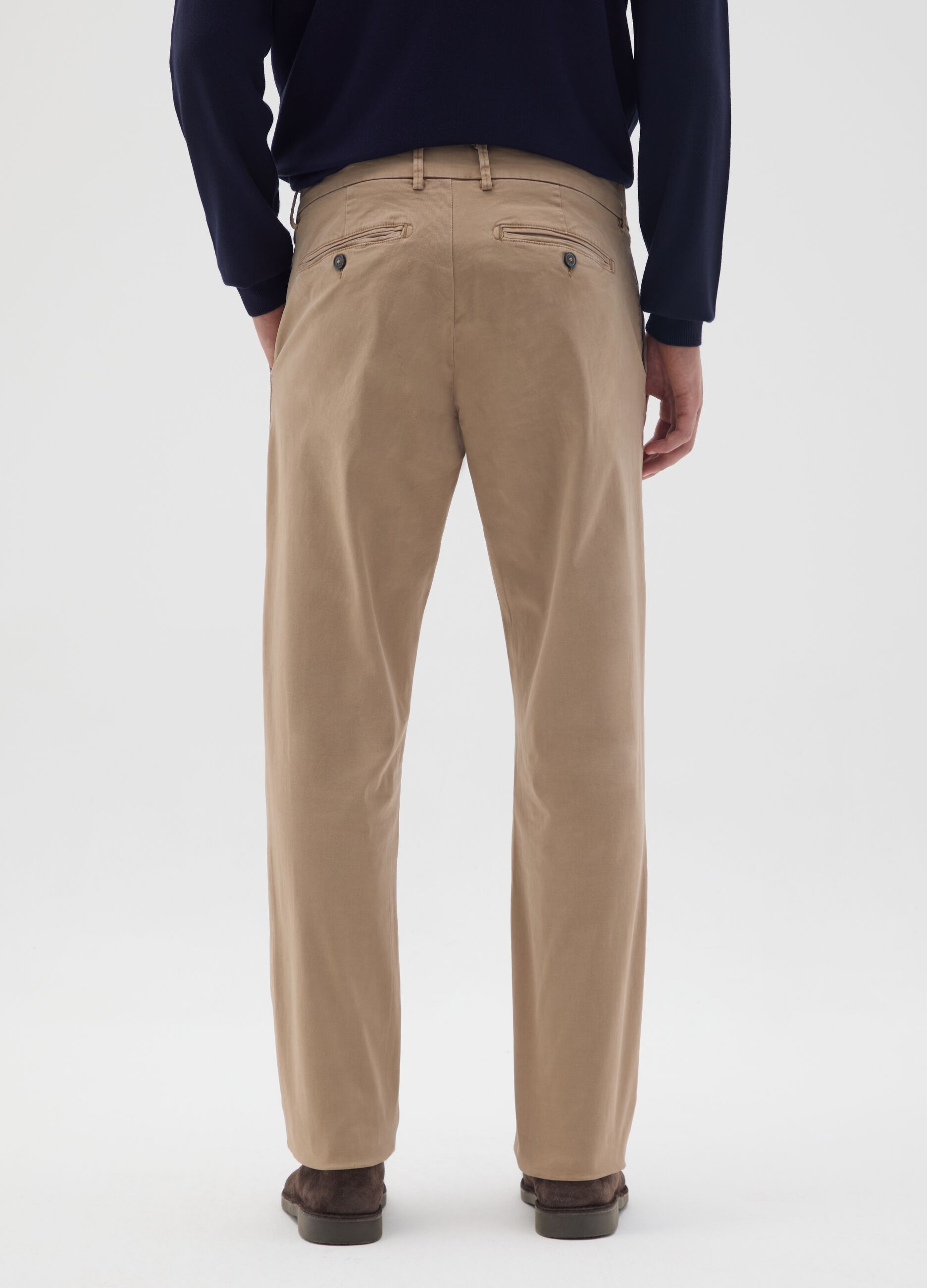 Beige Stretch Cotton Regular Fit Trousers