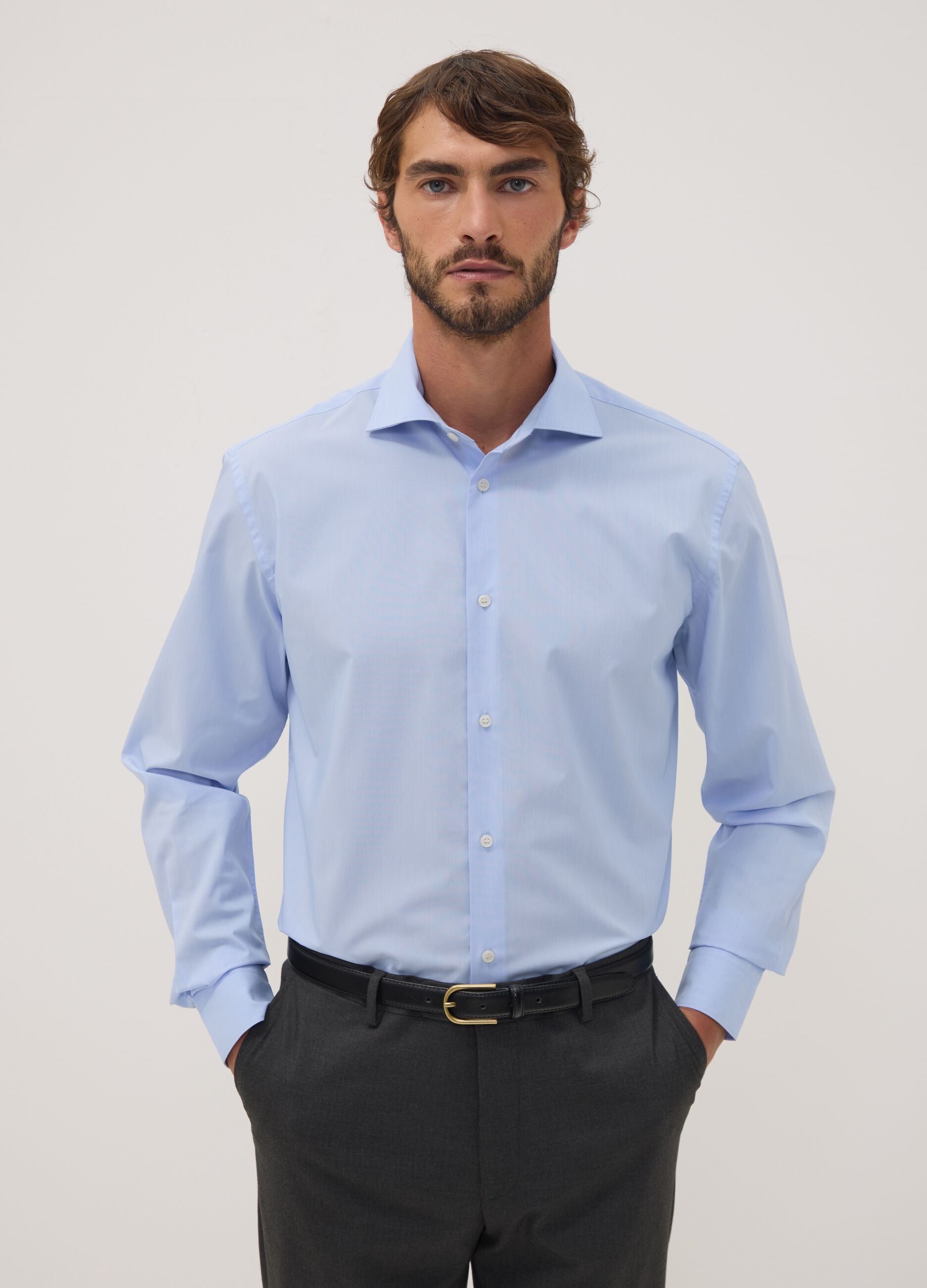 Light blue lyocell-blend shirt with French collar, easy-iron regular fit