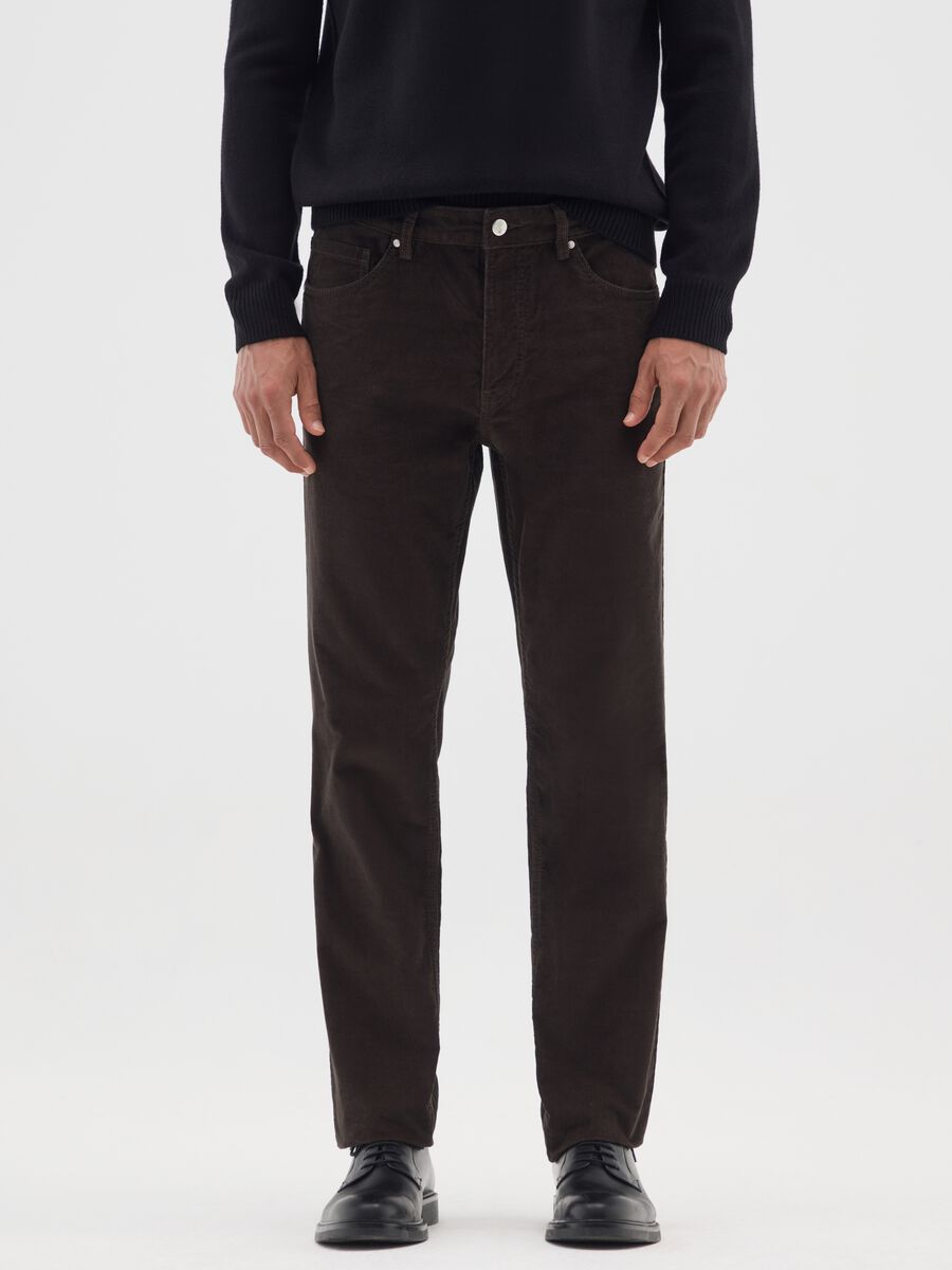 Brown slim fit pure cotton trousers_1