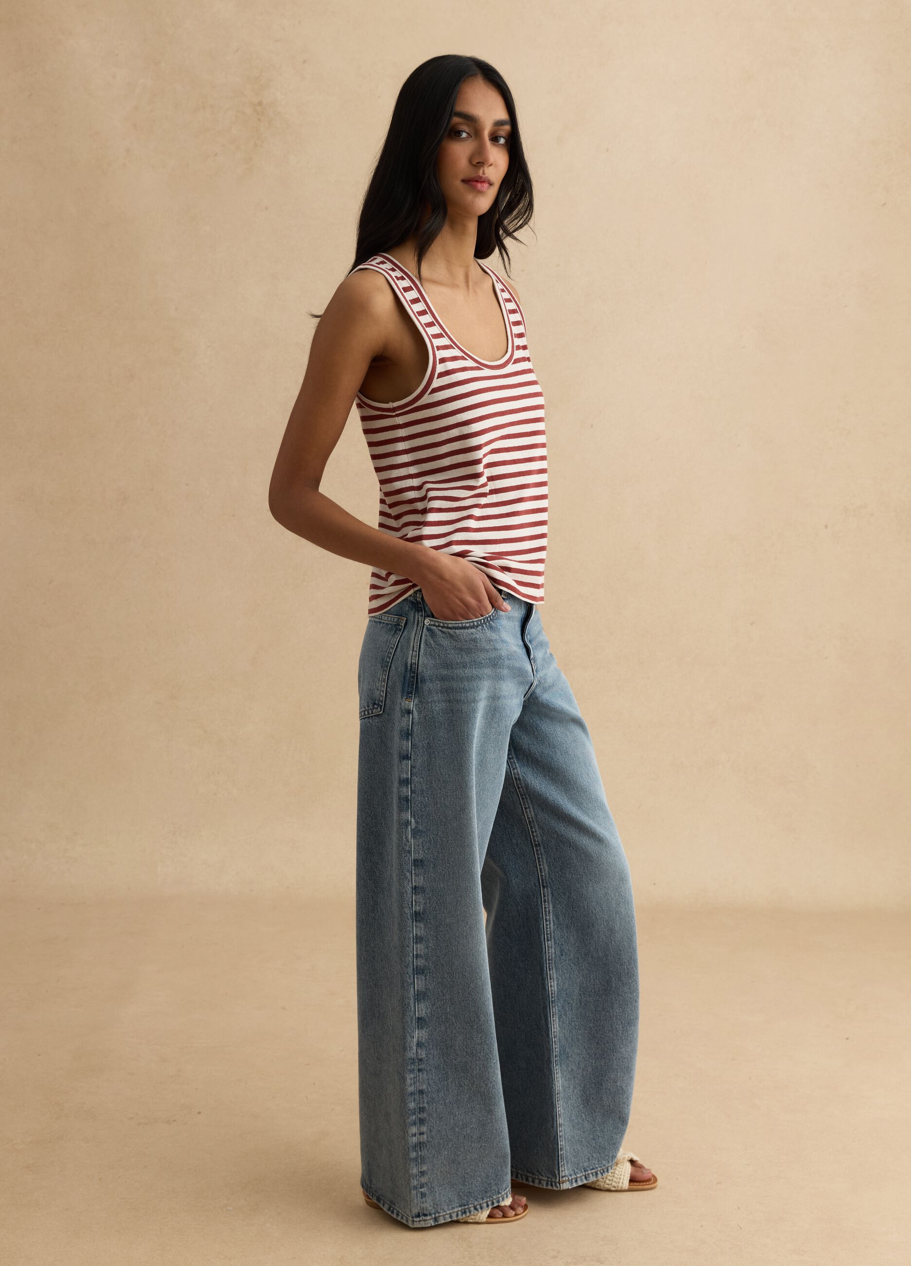 Multicolour striped regular fit cotton and linen tank top