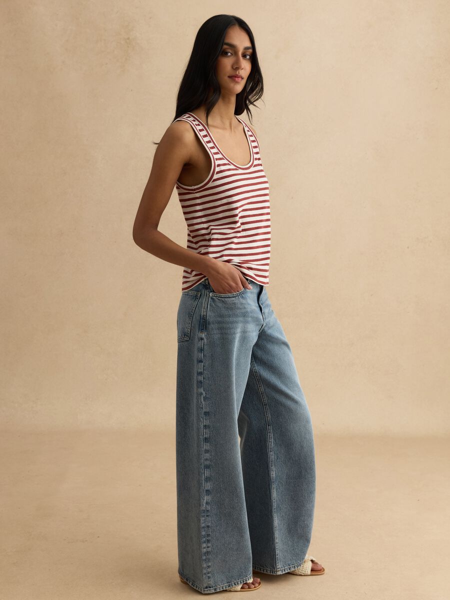 Multicolour striped regular fit cotton and linen tank top_2