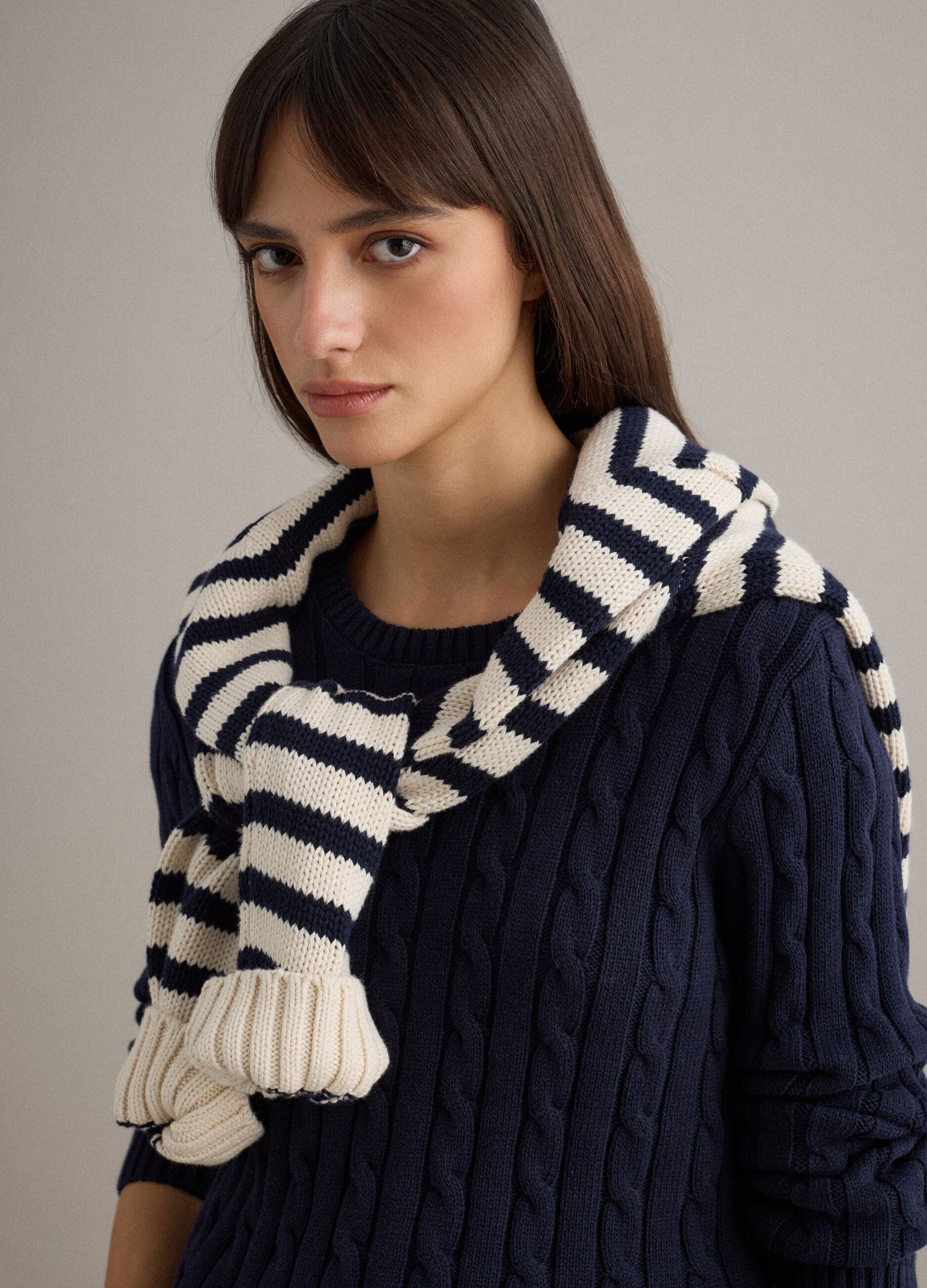 Blue sweater in pure cotton with regular fit and cable knit