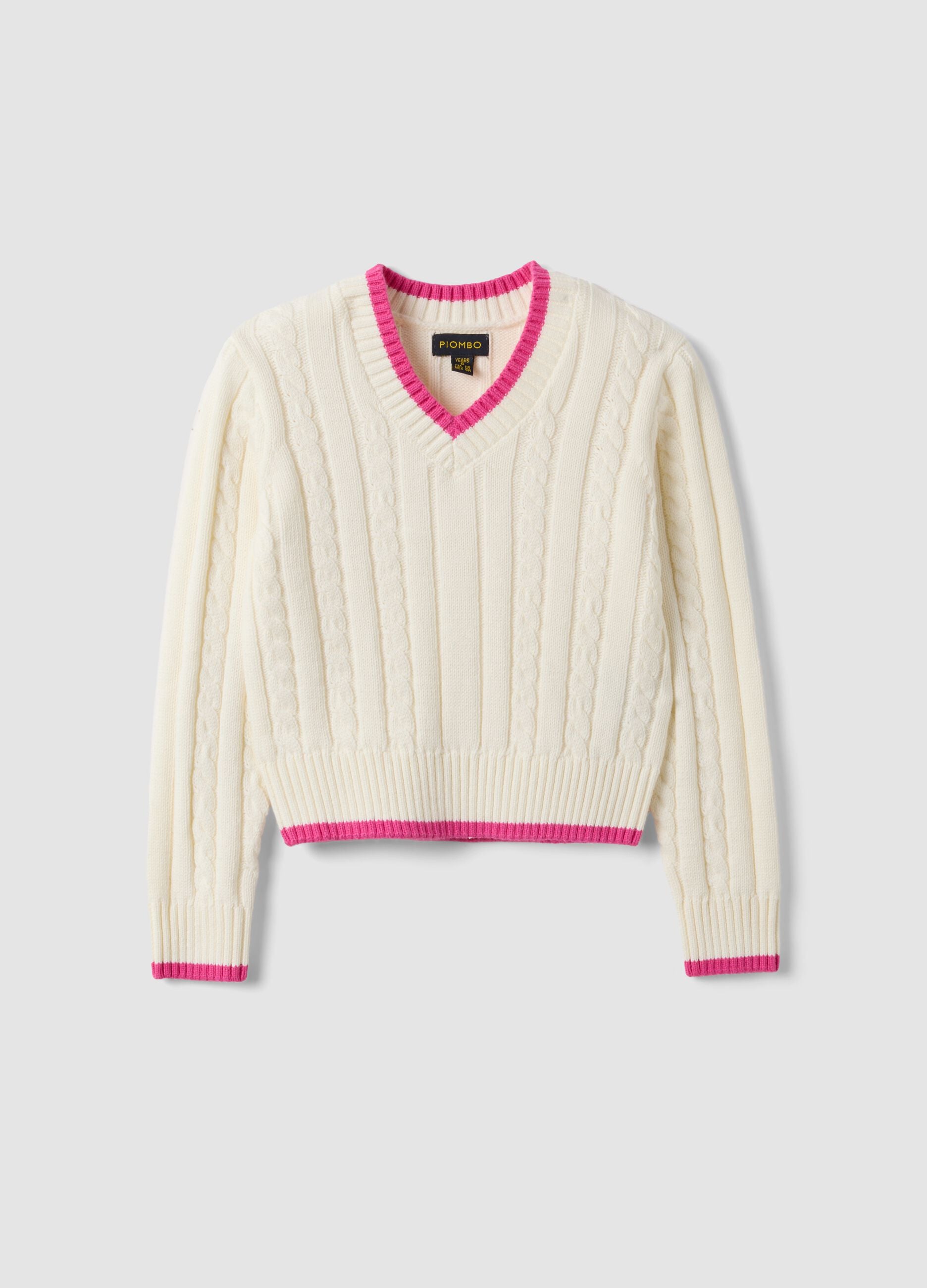 White pure cotton cable-knit V-neck jumper for girls
