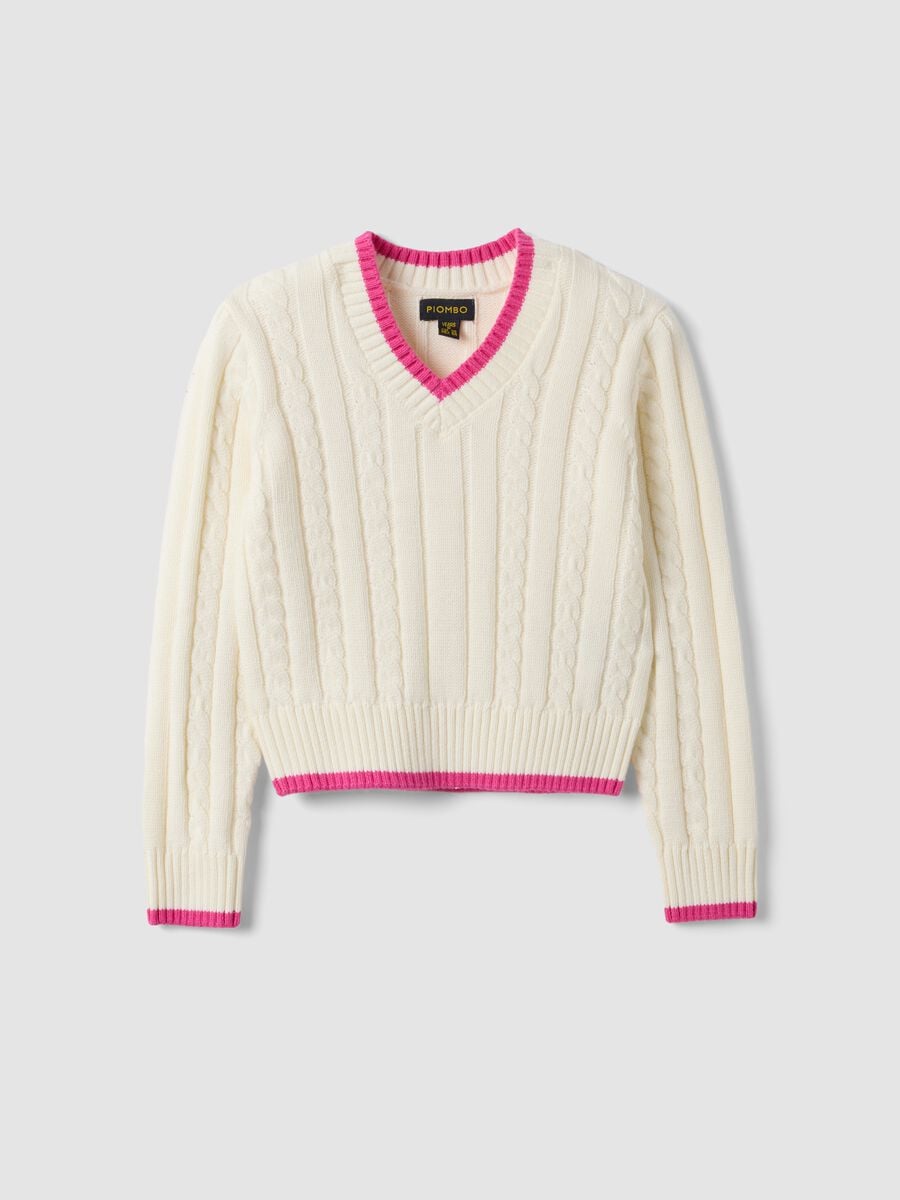 Maglia bianca in puro cotone a trecce con scollo a V per bambina_0