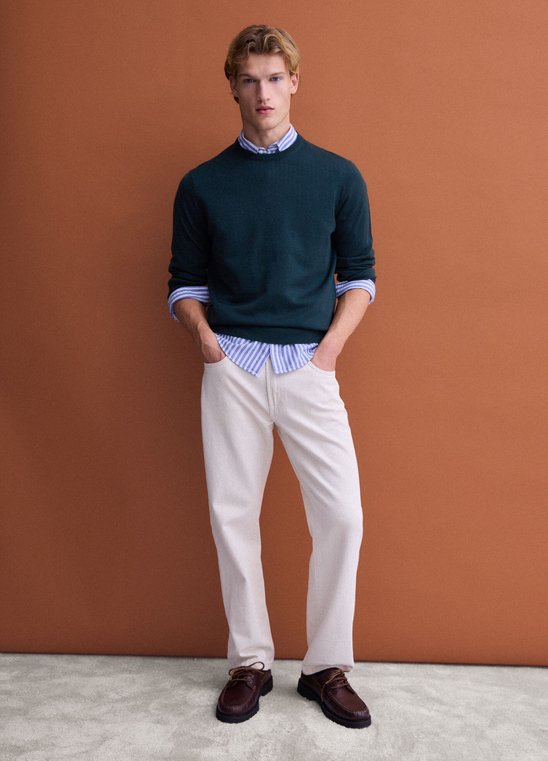 Green crew-neck pure merino wool jumper, regular fit