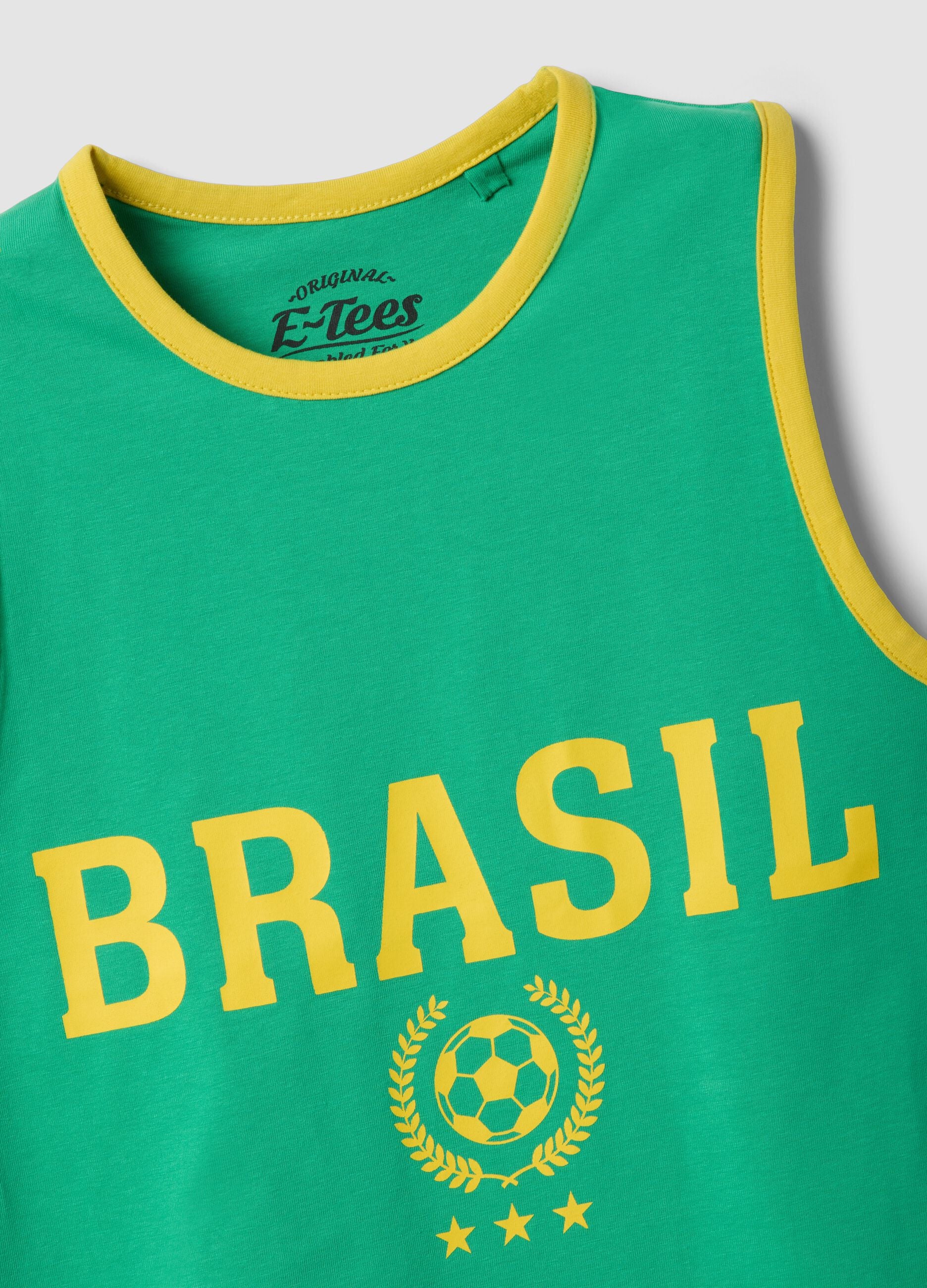 Green stretch cotton tank top with 'Brasil' slogan, regular fit