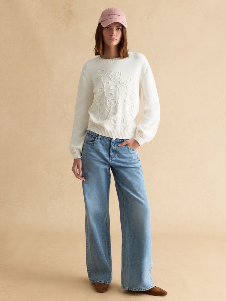 White pure cotton sweater with floral design regular fit_2