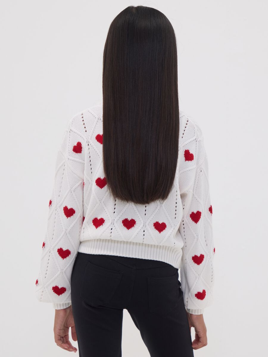 Maglia bianca in misto cotone con motivo traforato e cuori per ragazza_1