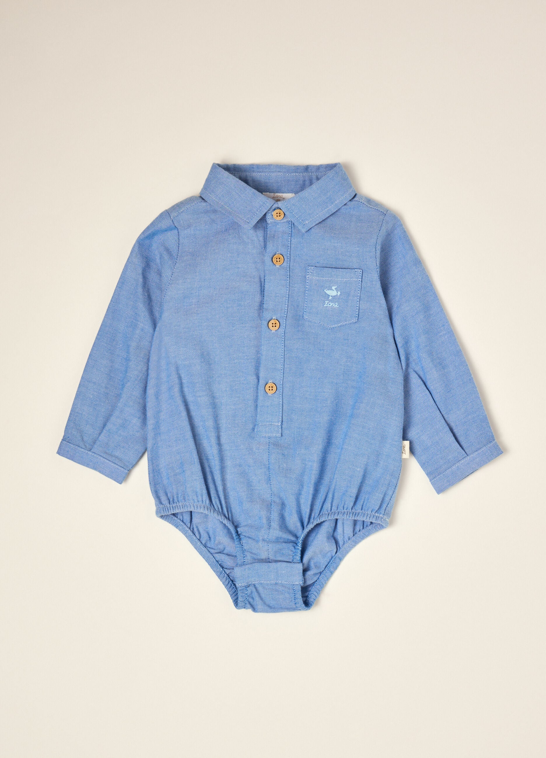 Light blue pure cotton shirt bodysuit with classic collar