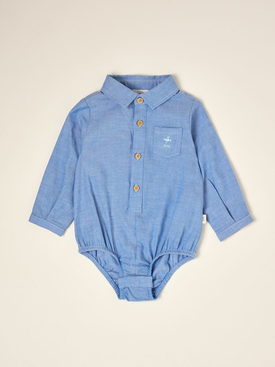 Light blue pure cotton shirt bodysuit with classic collar_0