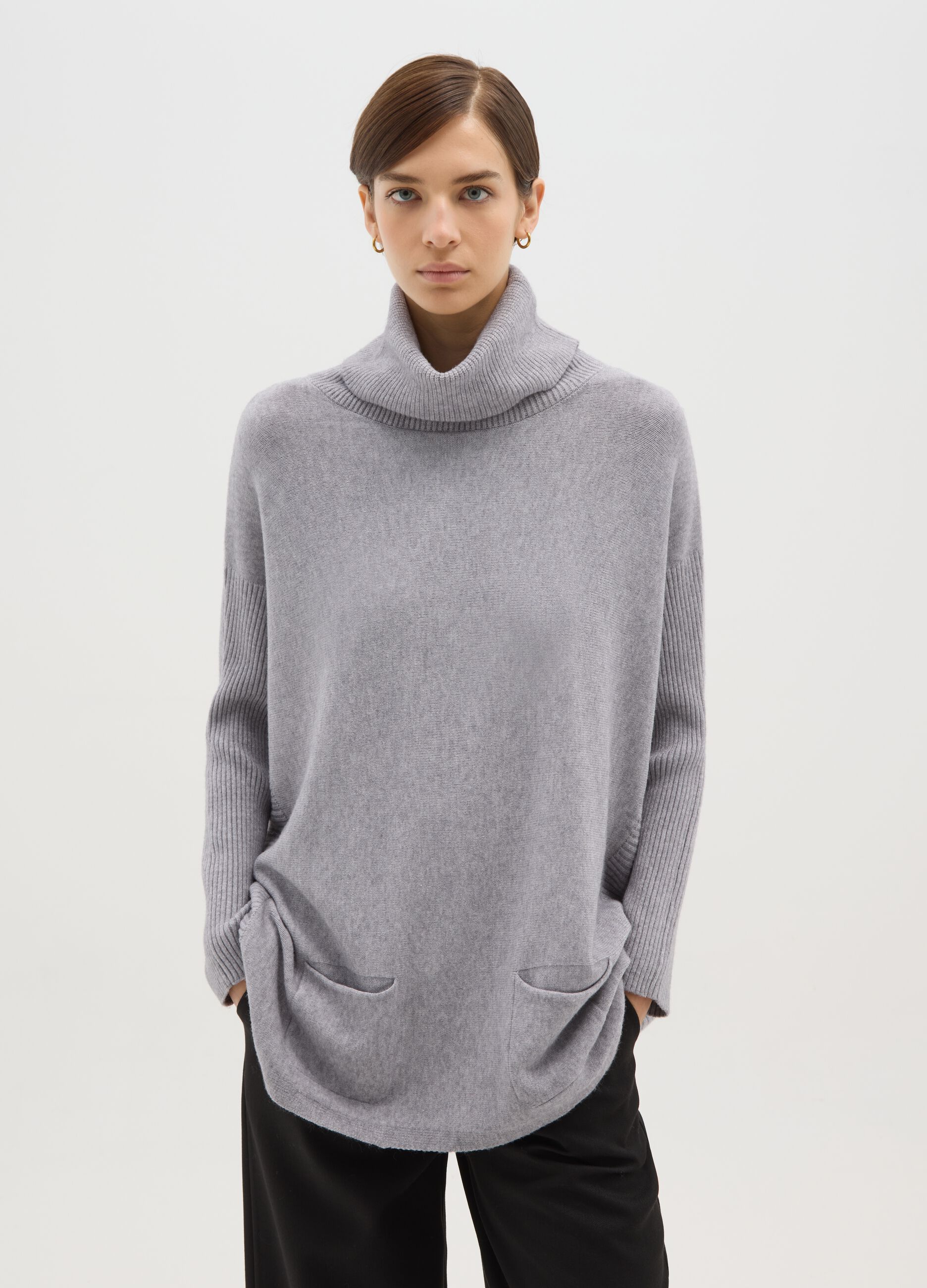 Grey long regular fit jumper with high neck