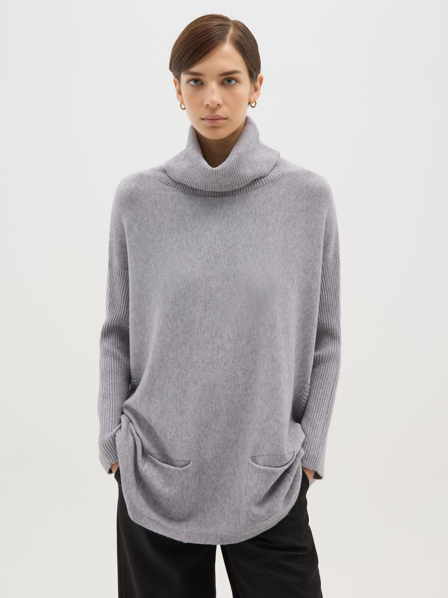 Grey long regular fit jumper with high neck_1