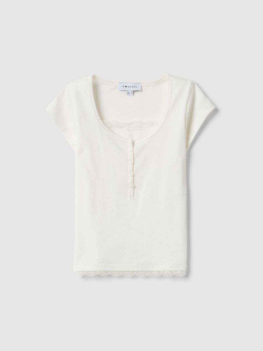 T-shirt in misto cotone bianca regular fit con dettagli in pizzo_4