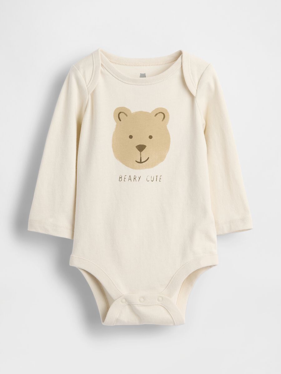 Beige cotton bodysuit with teddy bear print_1