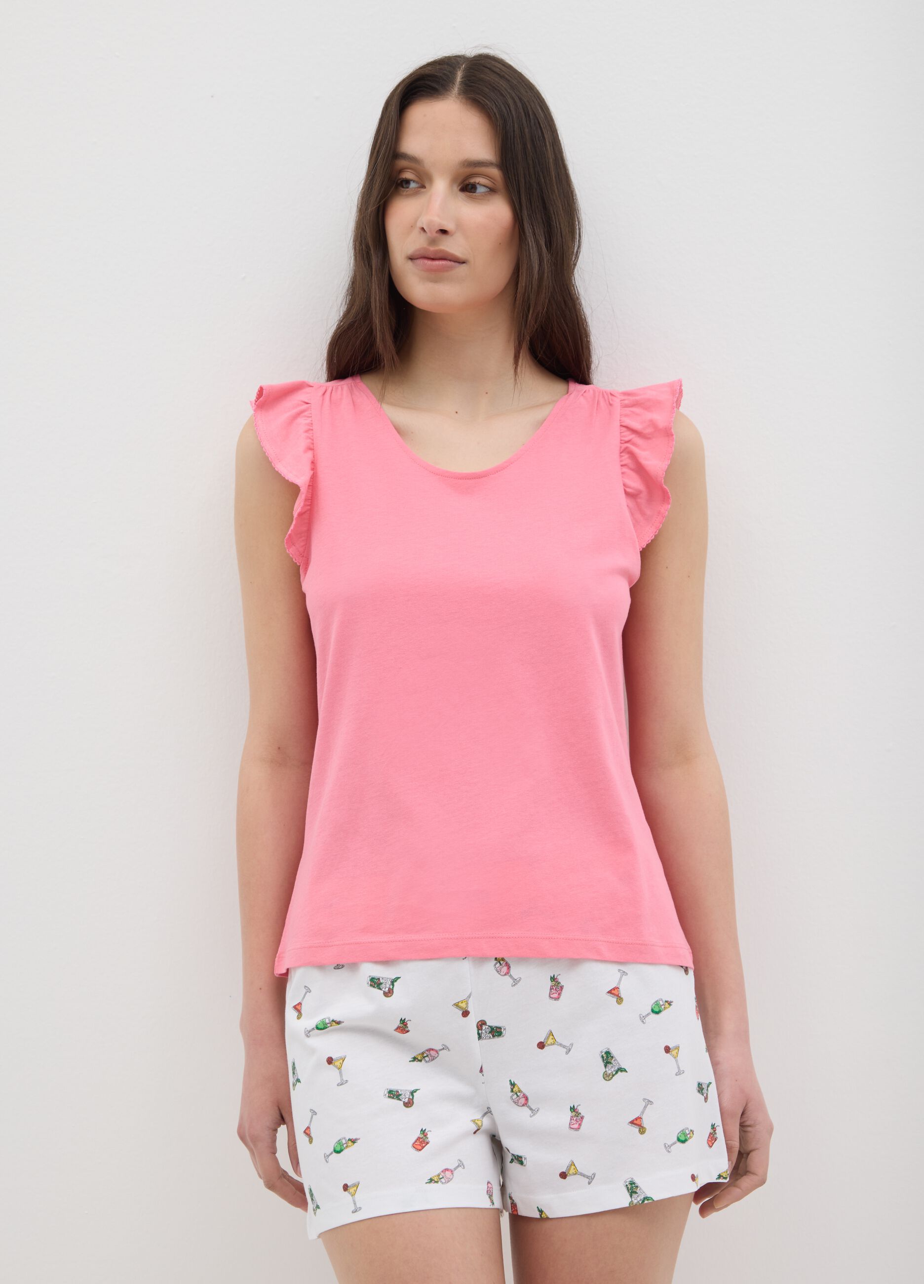 Women's multicolour pure cotton regular fit set with ruffled top and cocktail print shorts