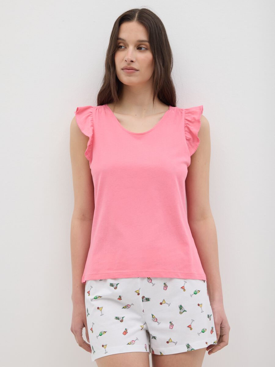 Completo da donna in puro cotone multicolor regular fit con top a balze e pantaloncini con stampa cocktail_1