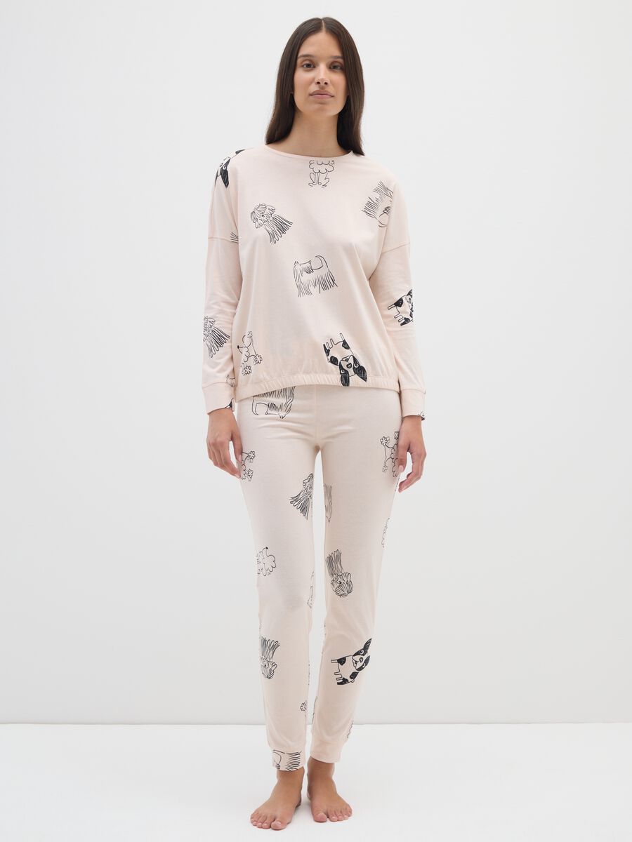 Pigiama in puro cotone beige con stampa_0