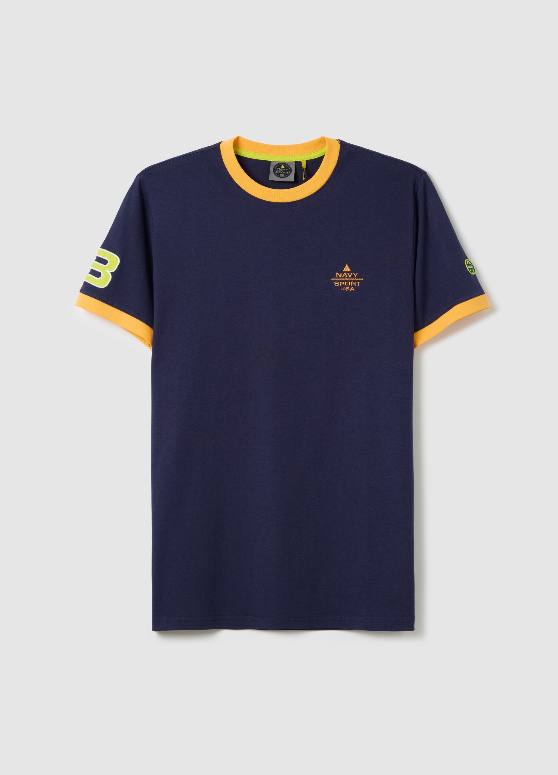 Blue T-shirt with short sleeves and orange details
