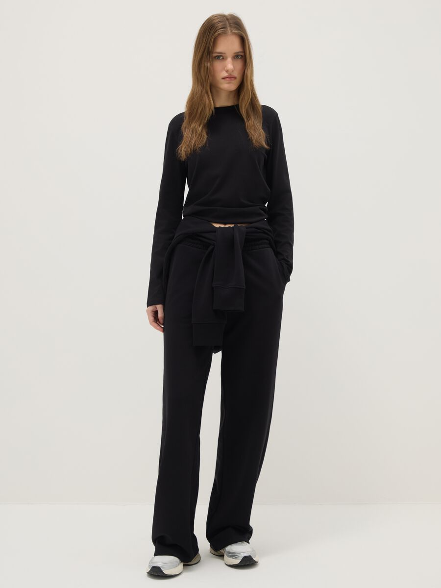 Black cotton blend regular fit trousers_0