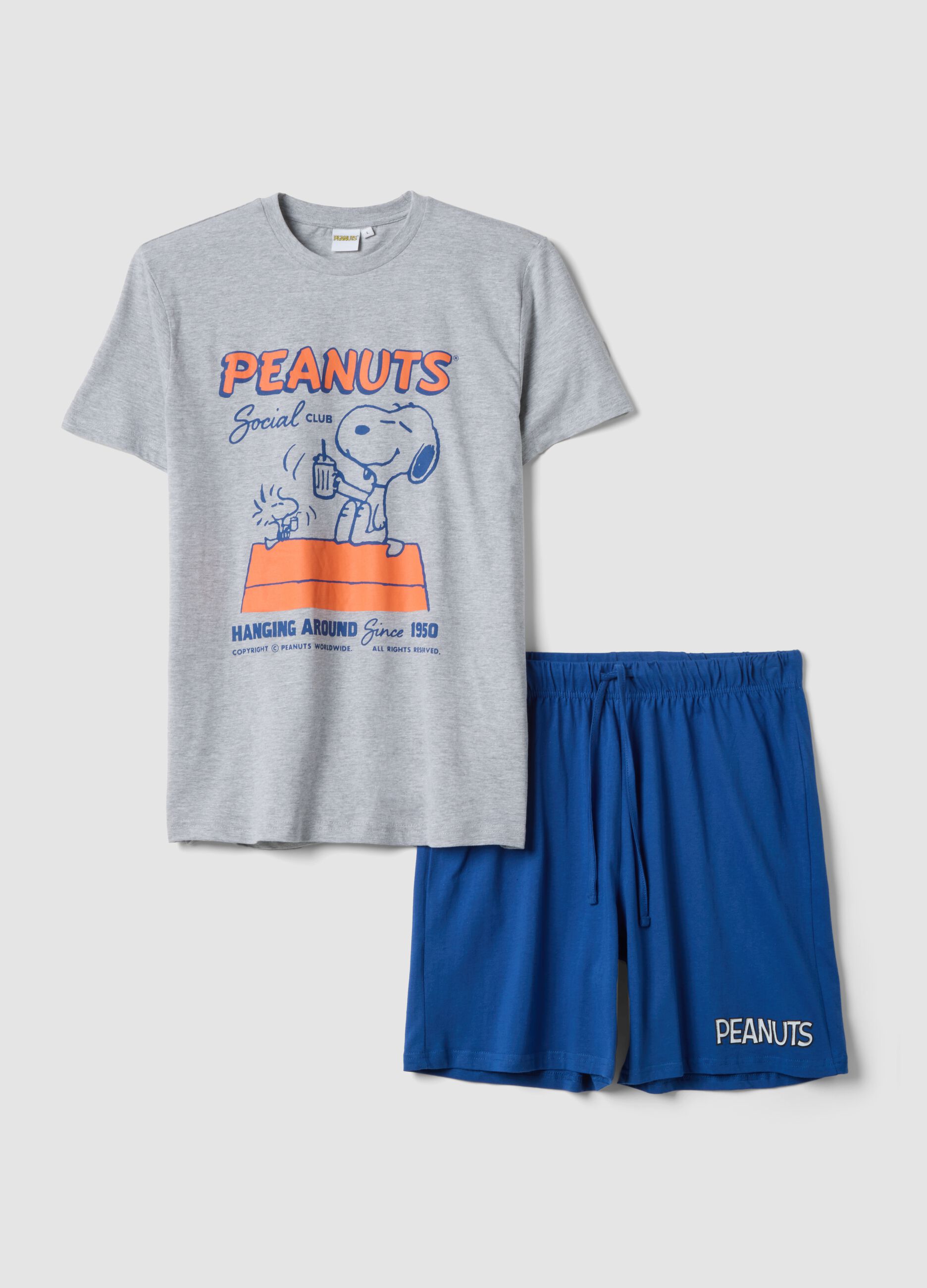 Men's grey short cotton pyjama set with Peanuts print, regular fit