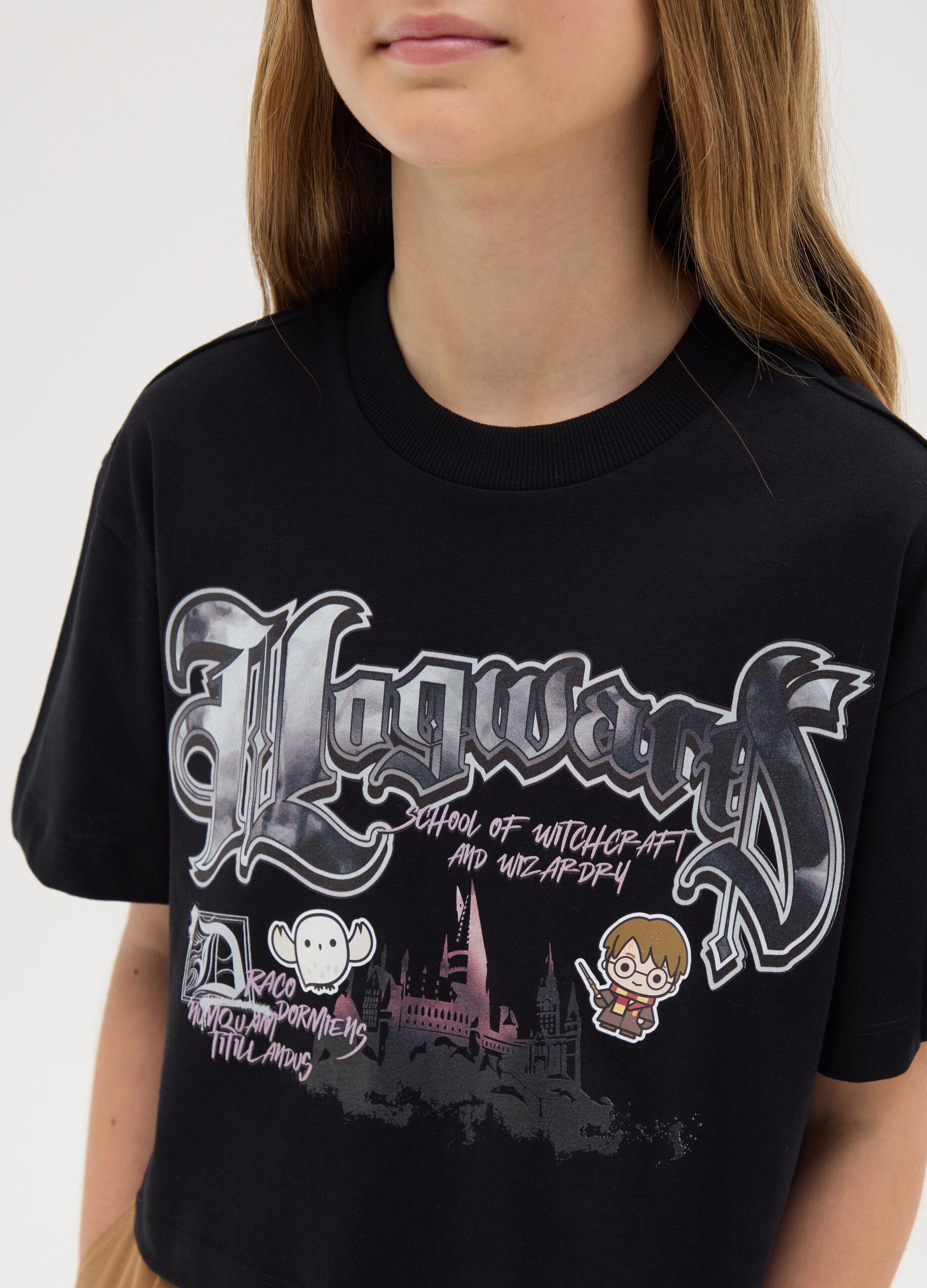 T-shirt crop in cotone con stampa Harry Potter 
