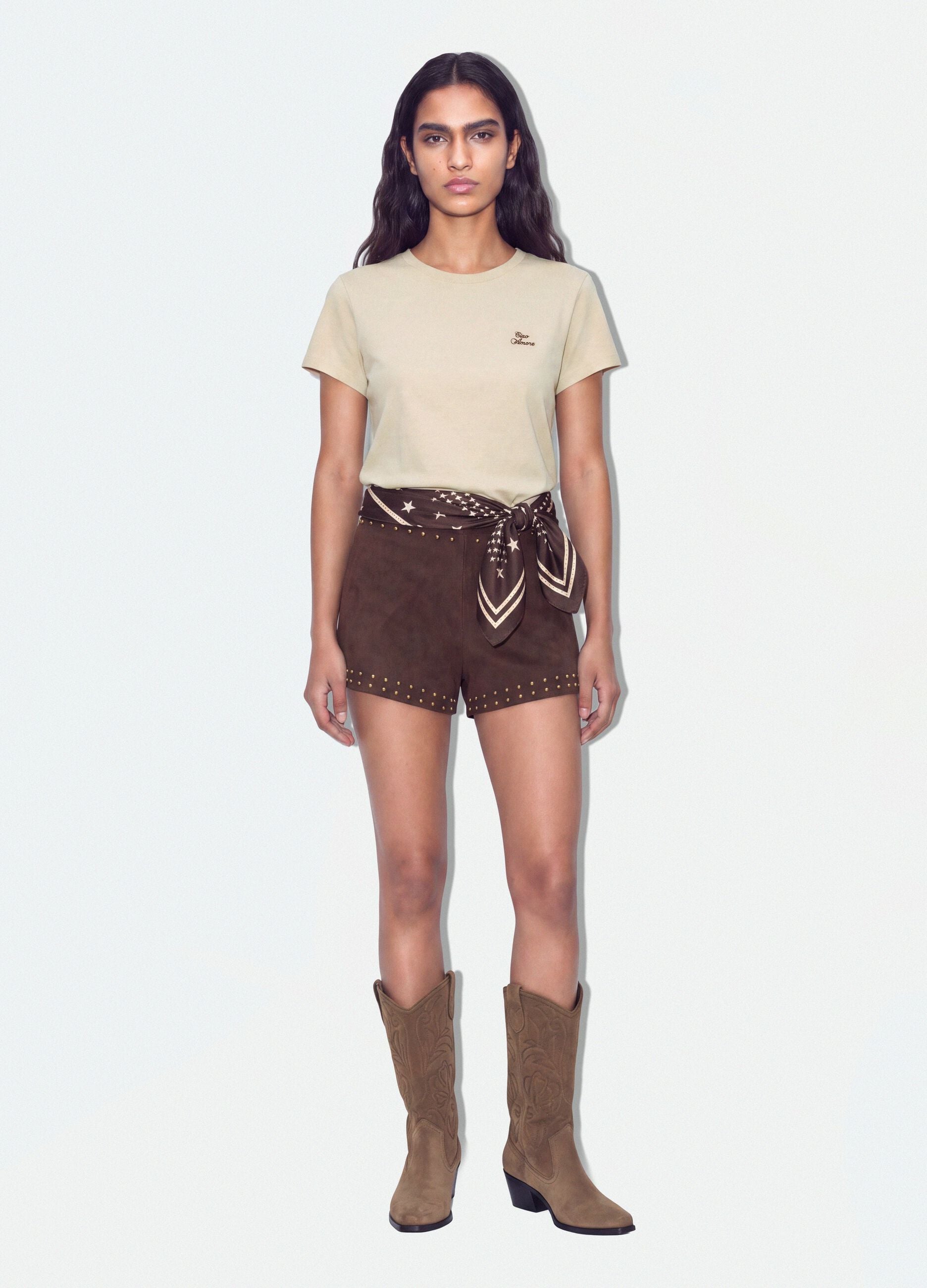 T-shirt crop beige in puro cotone a girocollo con stampa