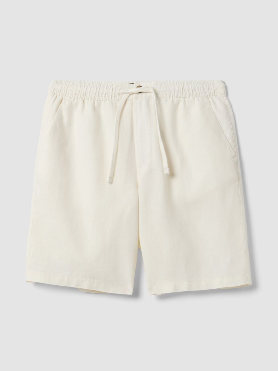 White pure linen Bermuda shorts with elasticated waistband_4