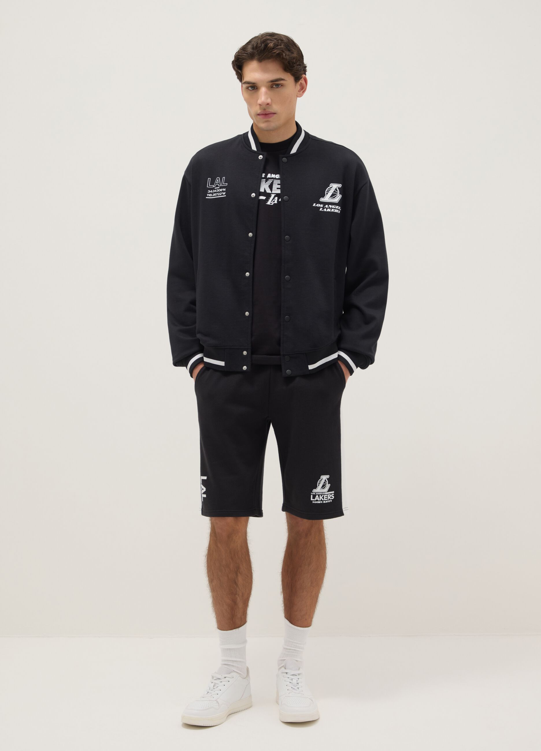 Black regular fit cotton blend jacket with Lakers logo