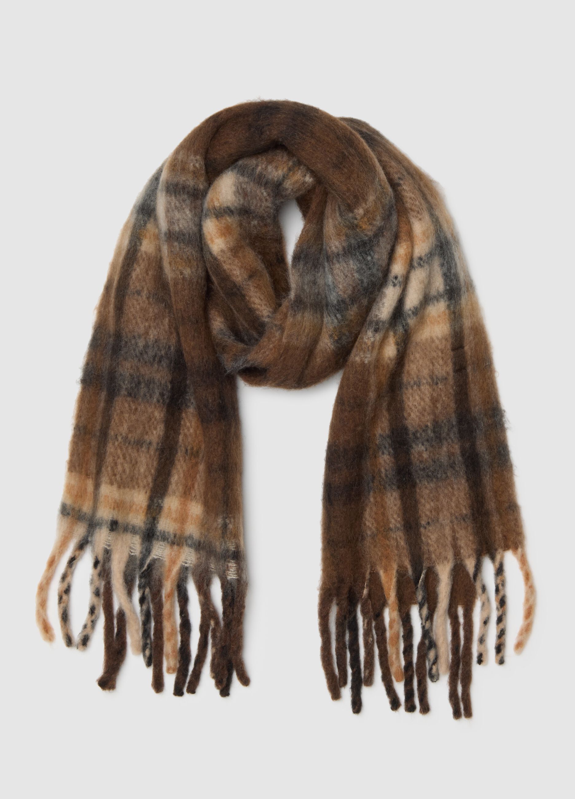 Brown wool blend scarf with fringes