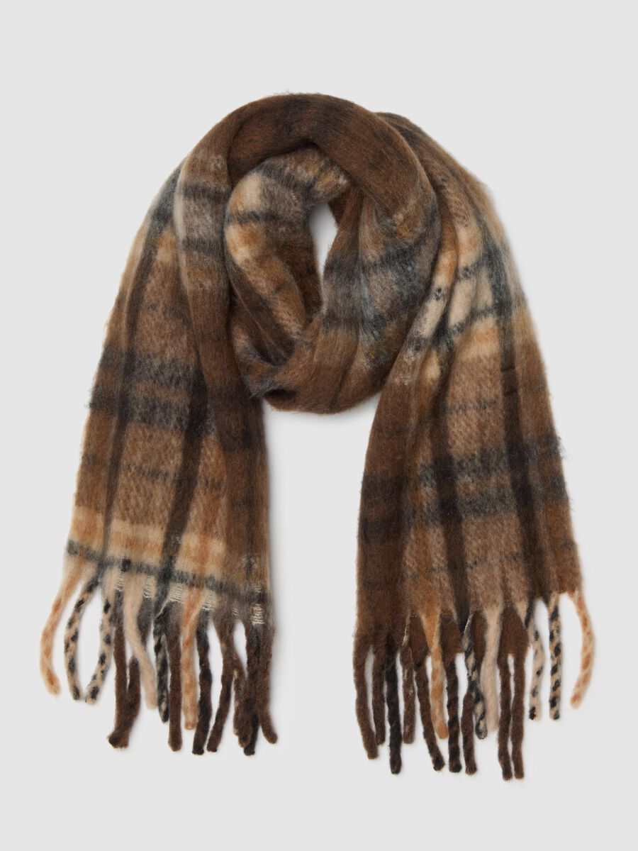 Brown wool blend scarf with fringes_0