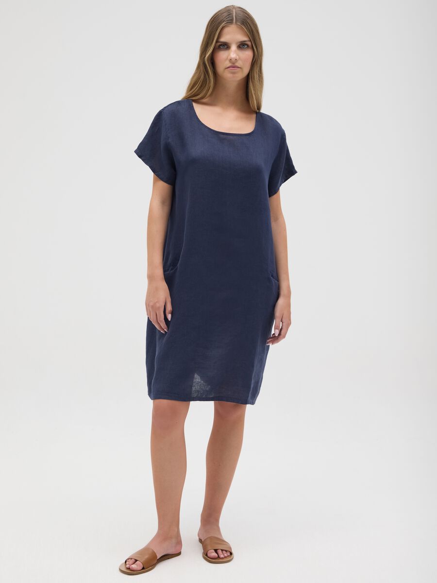 Women's pure blue linen dress regular fit_0