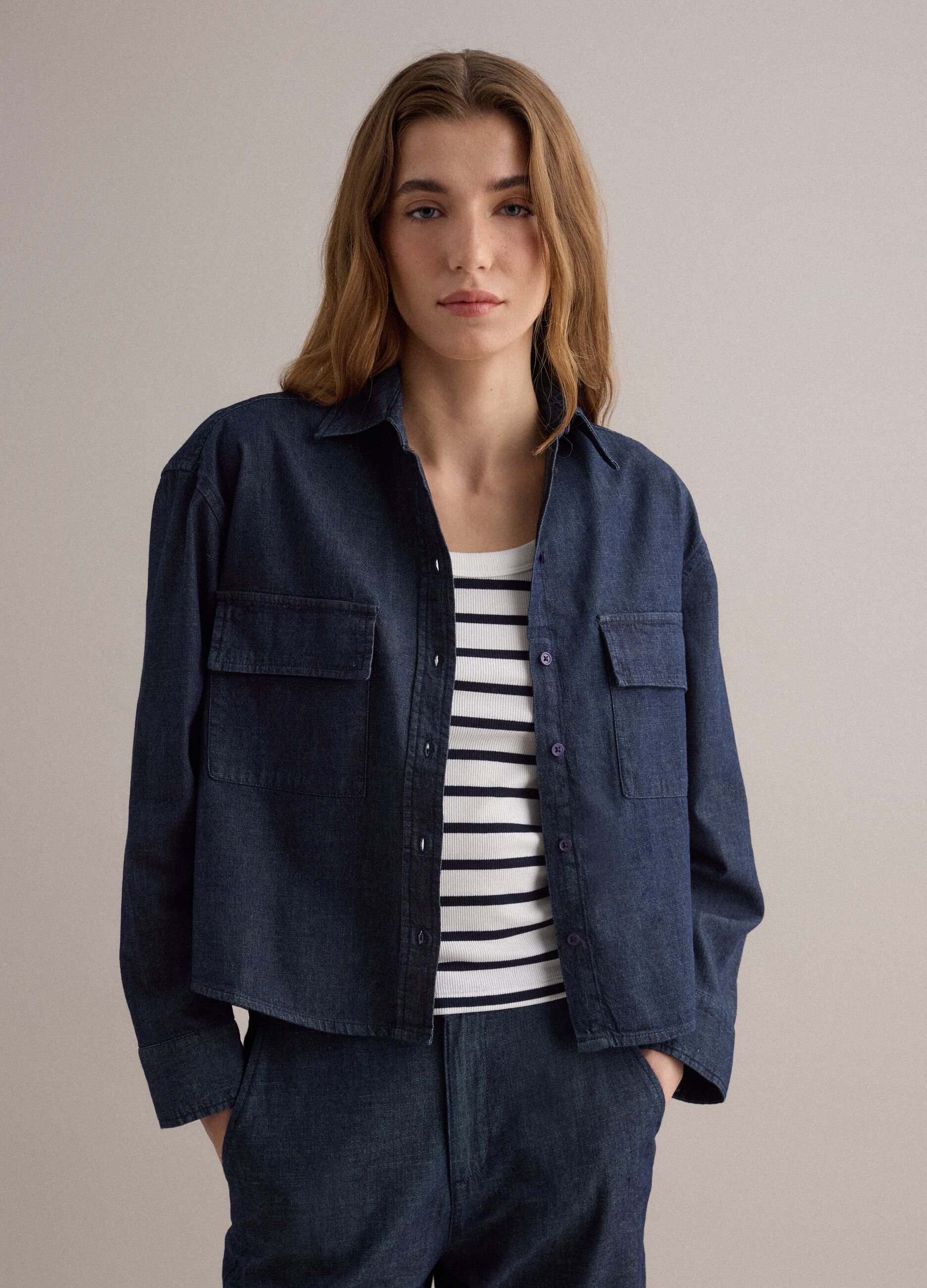 Blue regular-fit denim pure cotton shirt