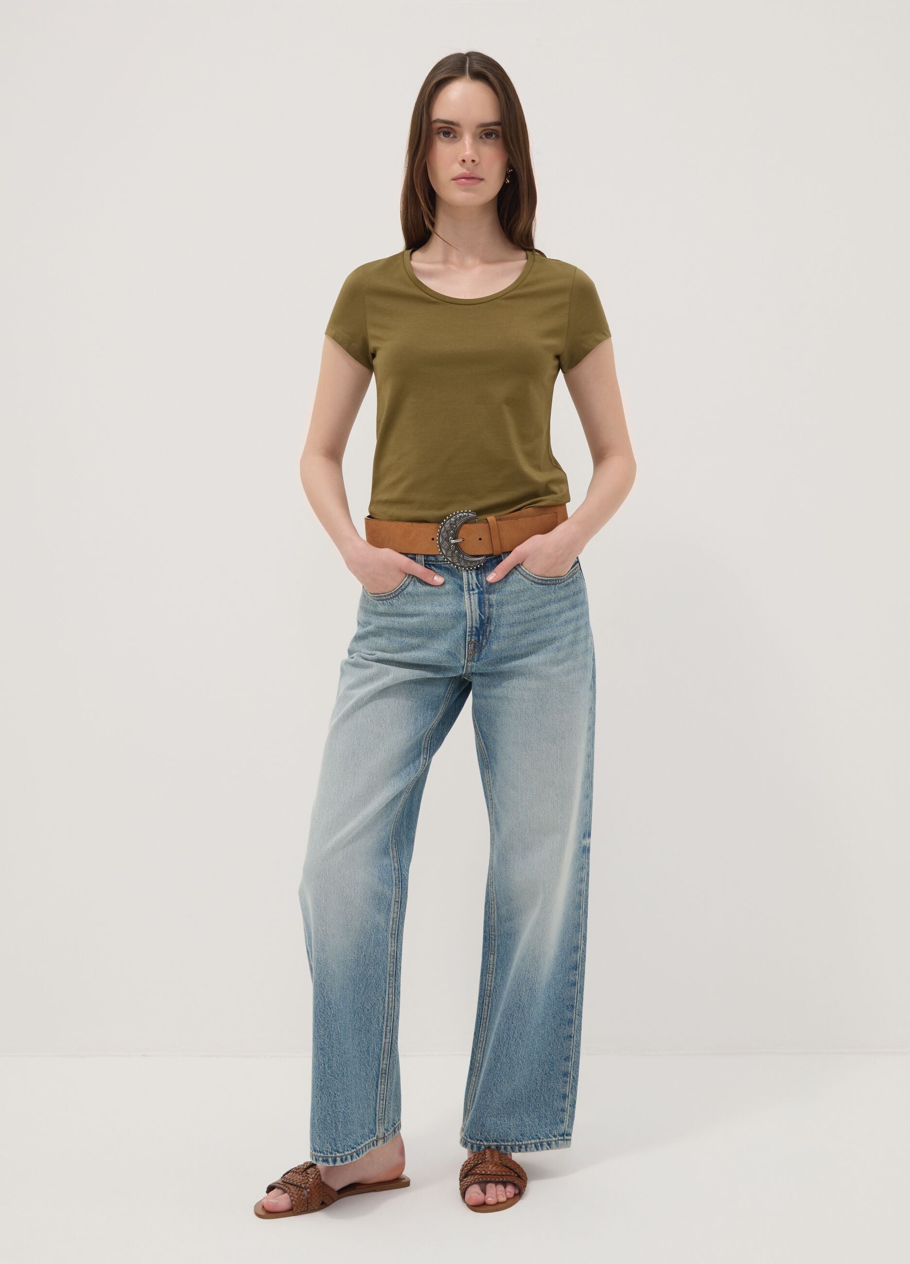 Green stretch cotton crew-neck T-shirt, regular fit