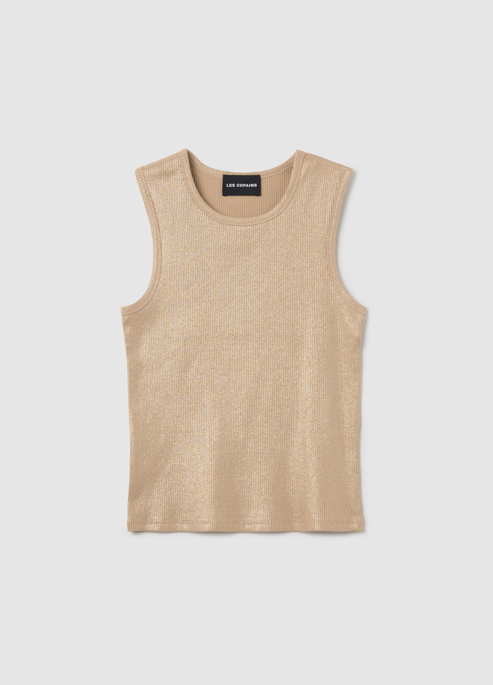 Beige ribbed tank top with lurex