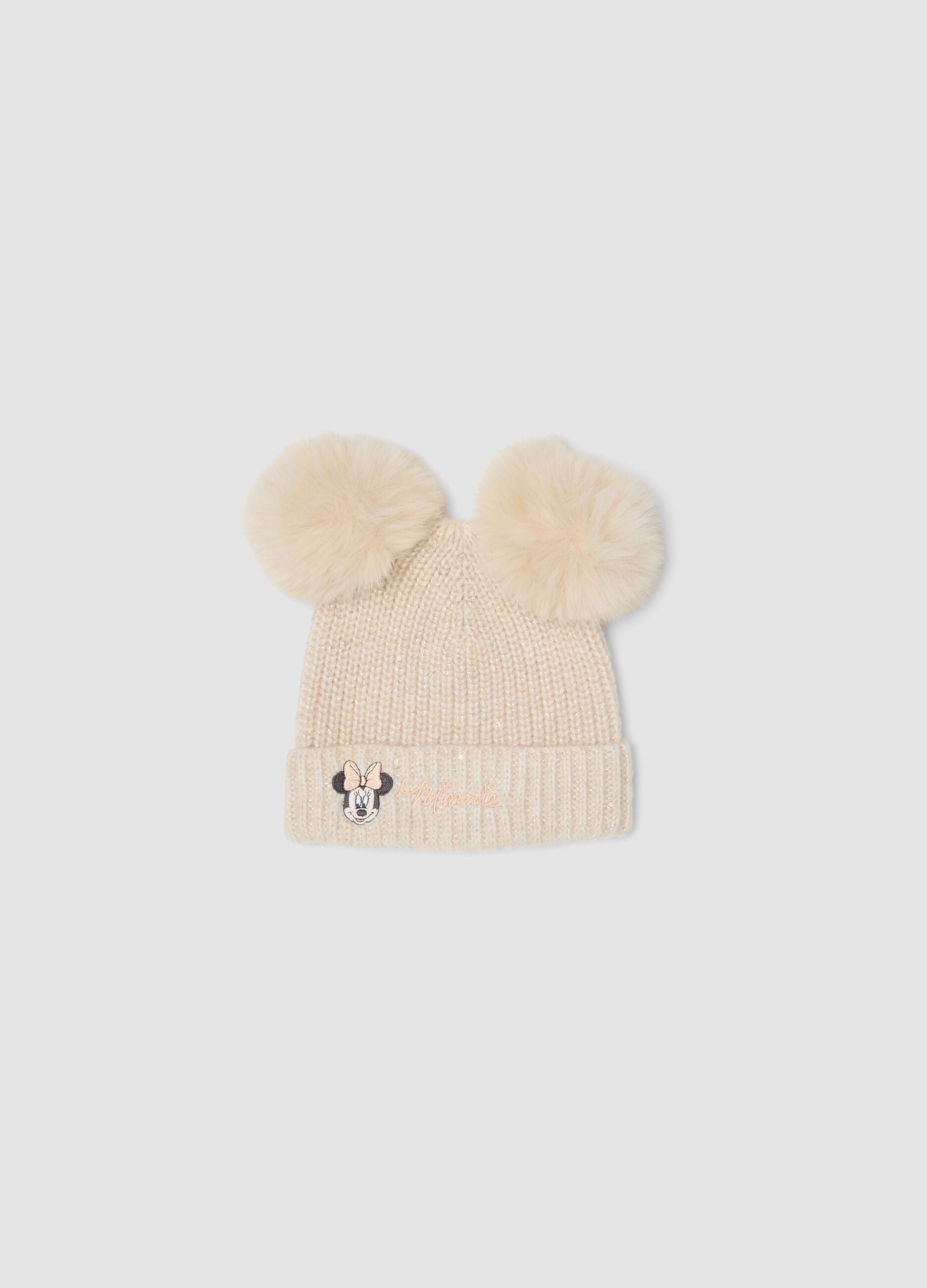 White wool-blend hat with two pom-poms and Minnie embroidery