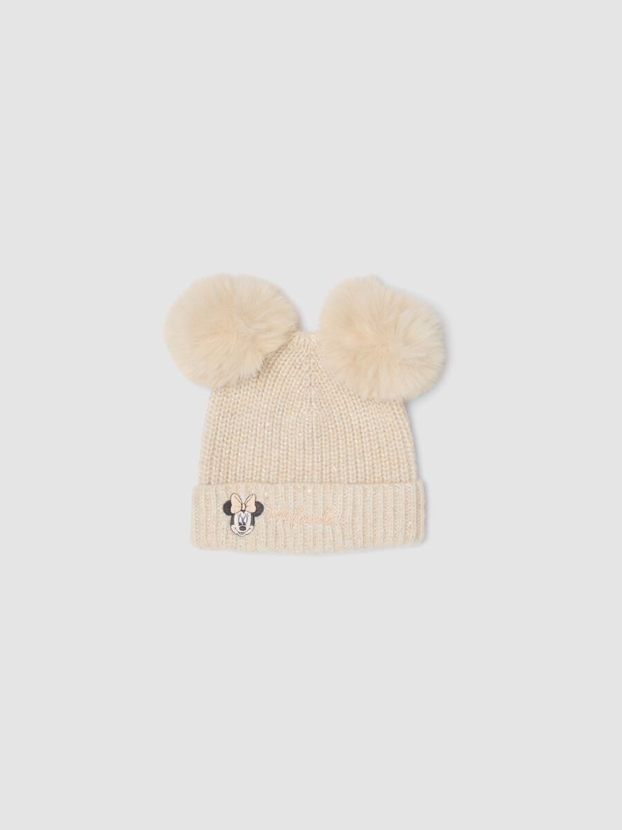 Cappello bianco in misto lana con due pompon e ricamo Minnie_0