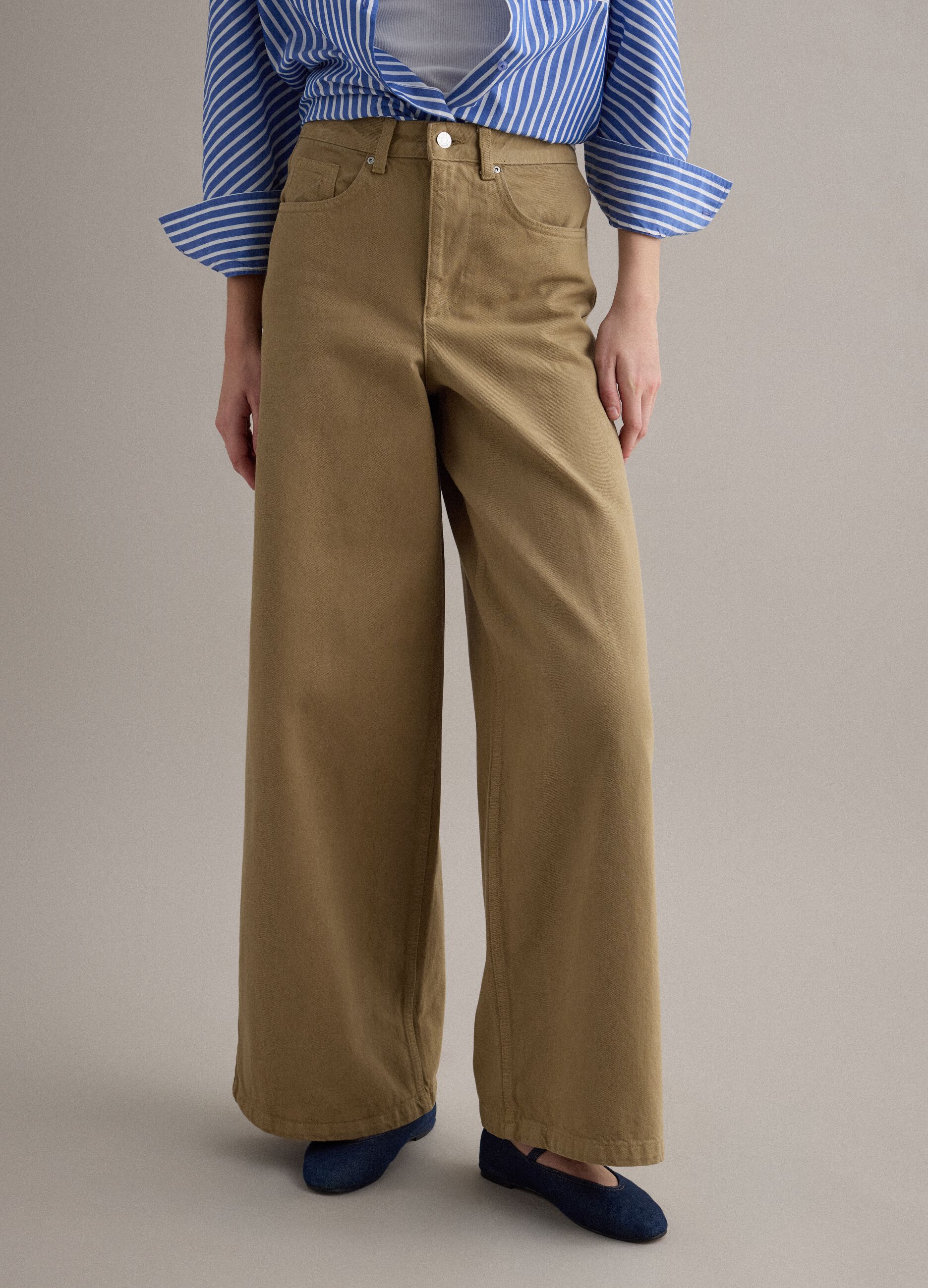 Beige wide-leg denim cotton jeans