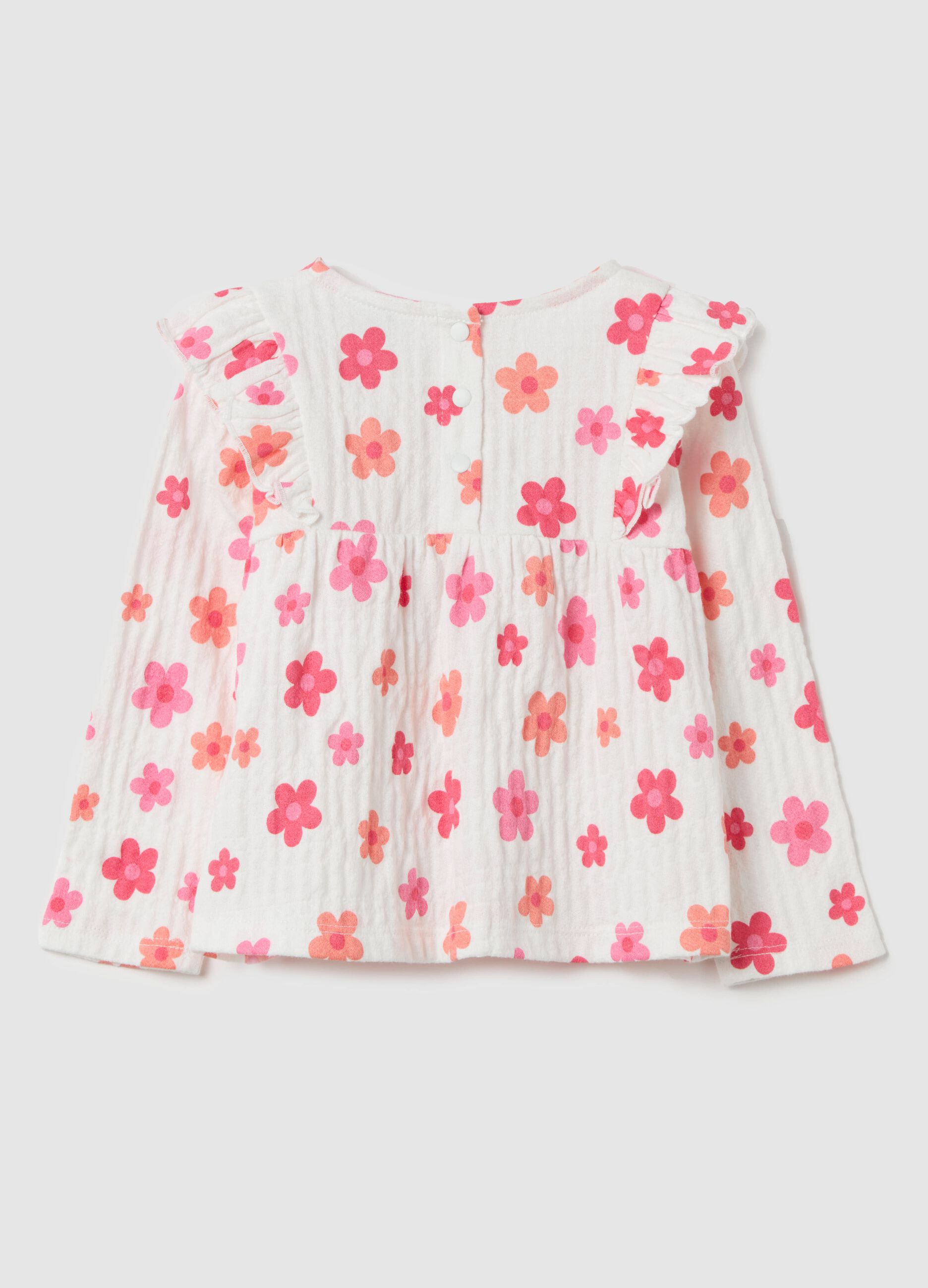 Long-sleeved T-shirt with flower print frill