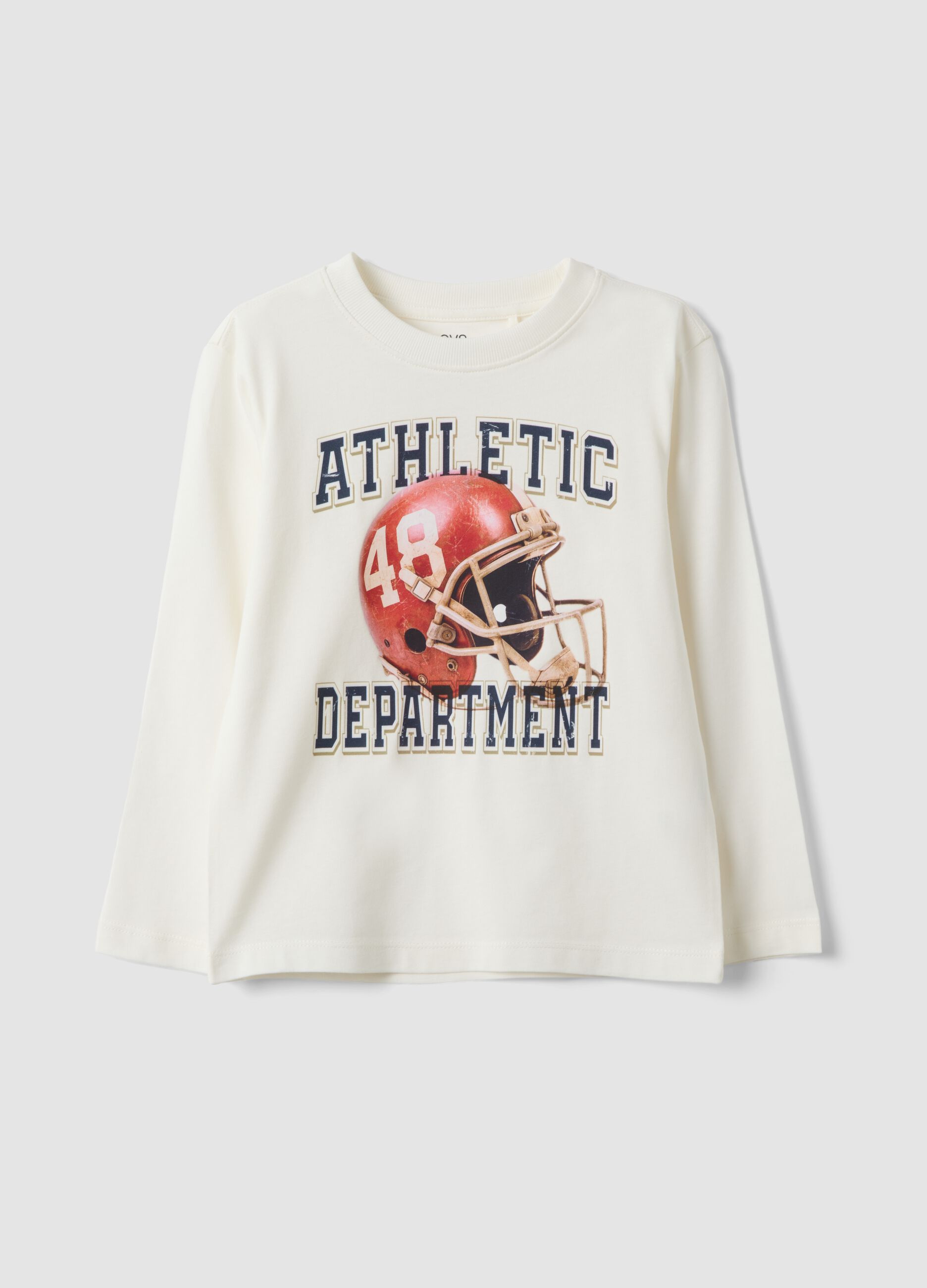 White cotton and viscose blend T-shirt with collegiate print for boys