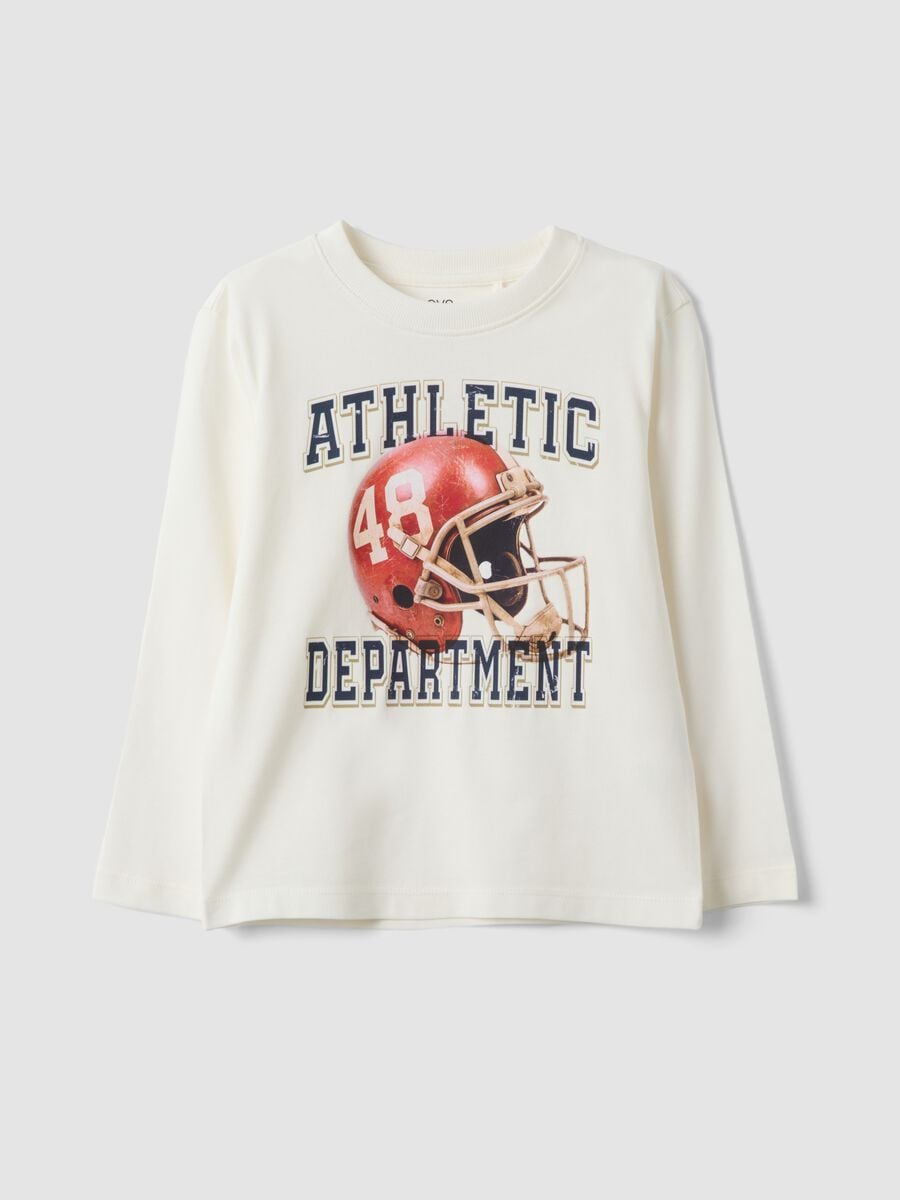 T-shirt bianca in misto cotone e viscosa con stampa college per bambino_0