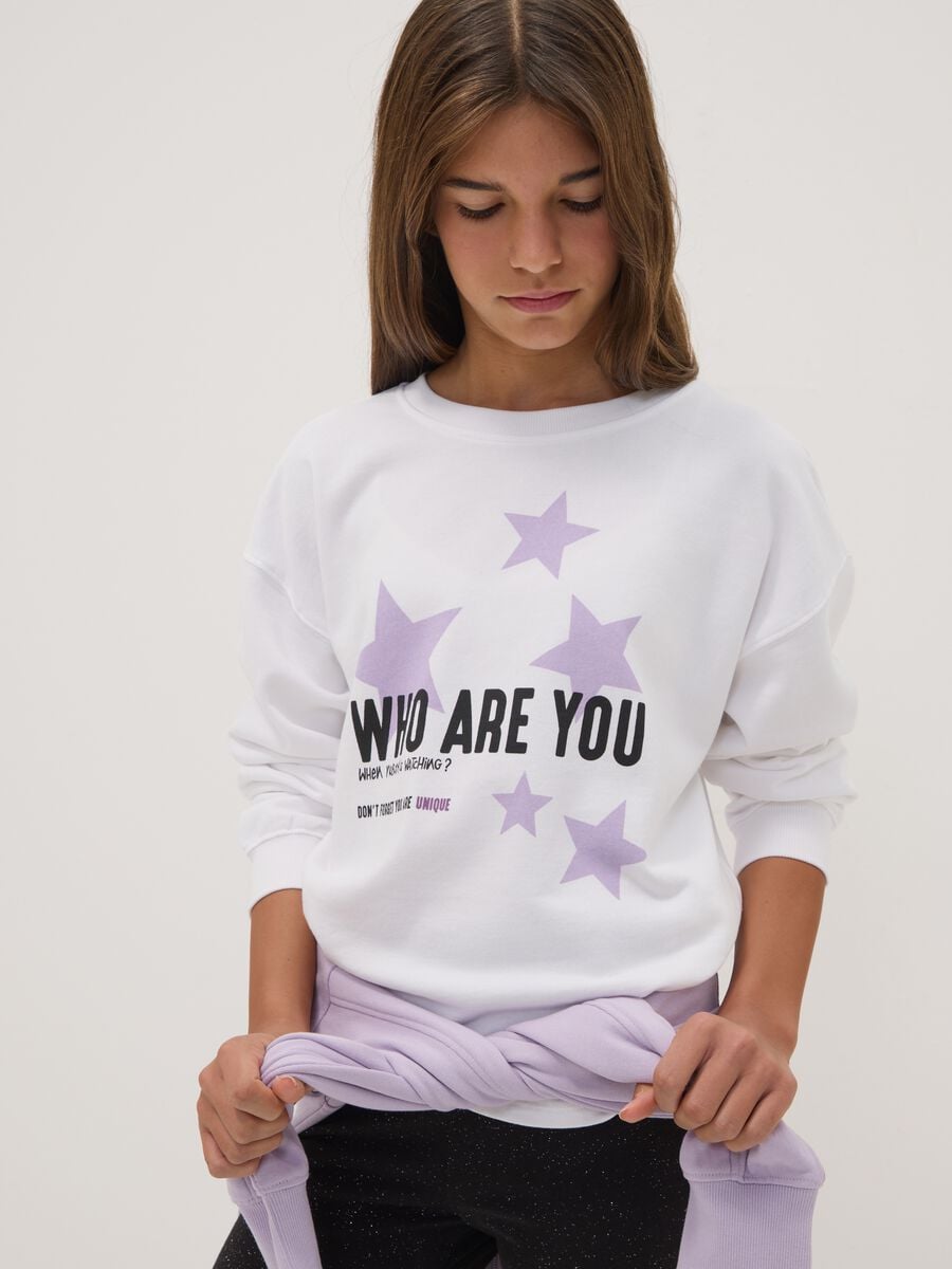 White 100% cotton sweatshirt with ribbed neck and print for girls_1